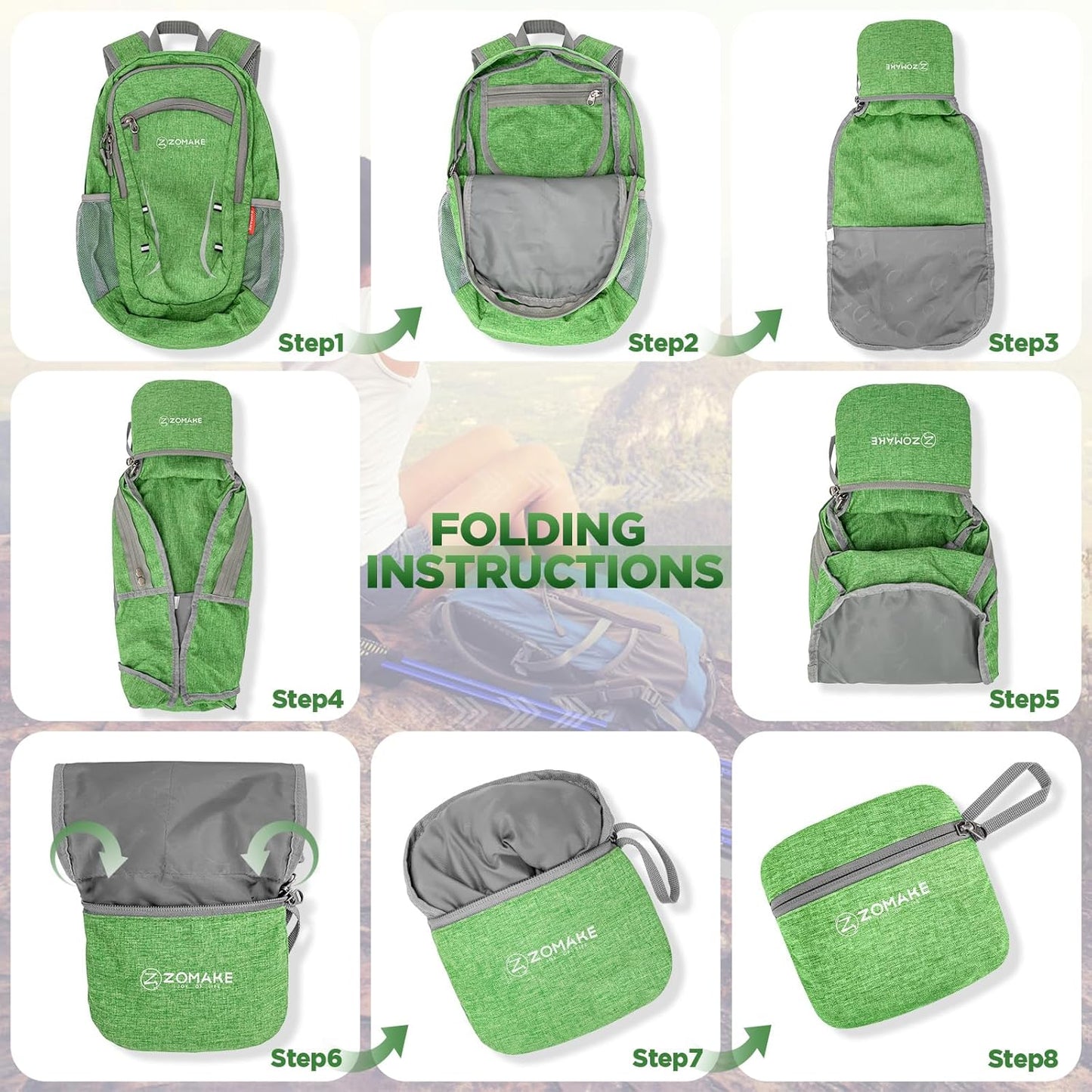 ZOMAKE Ultra Lightweight Packable Backpack 20L,Small Foldable Backpacks Hiking Water Resistant Collapsible Daypack for Women Men(Dark Green-A2)