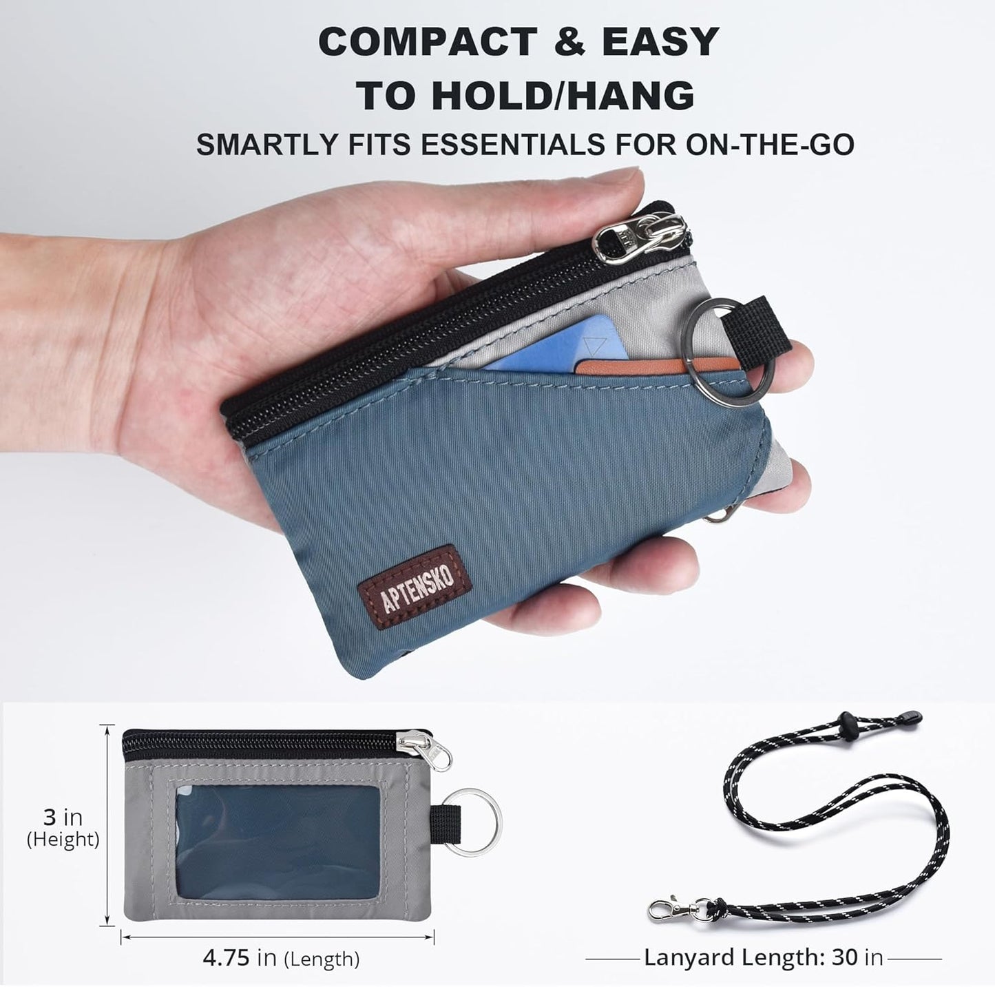 RFID Travel Wallet with Adjustable Lanyard-Zipper Small Wallet with ID Card Holder, Keychain for women&men-Minimalist Slim Waterproof Nylon case for ID, Cash, Key (SlateBlue+Grey)