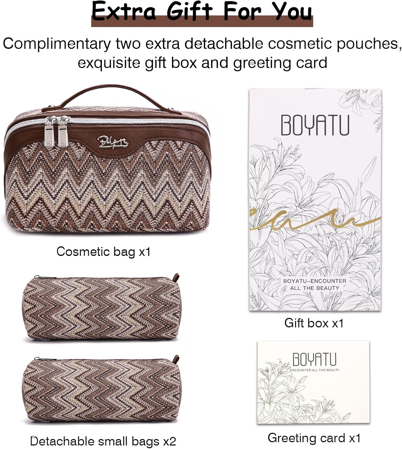 BOYATU Travel Makeup Bag for Women: Western Boho Make up Bag Set of 3 - Large Capacity Vegan