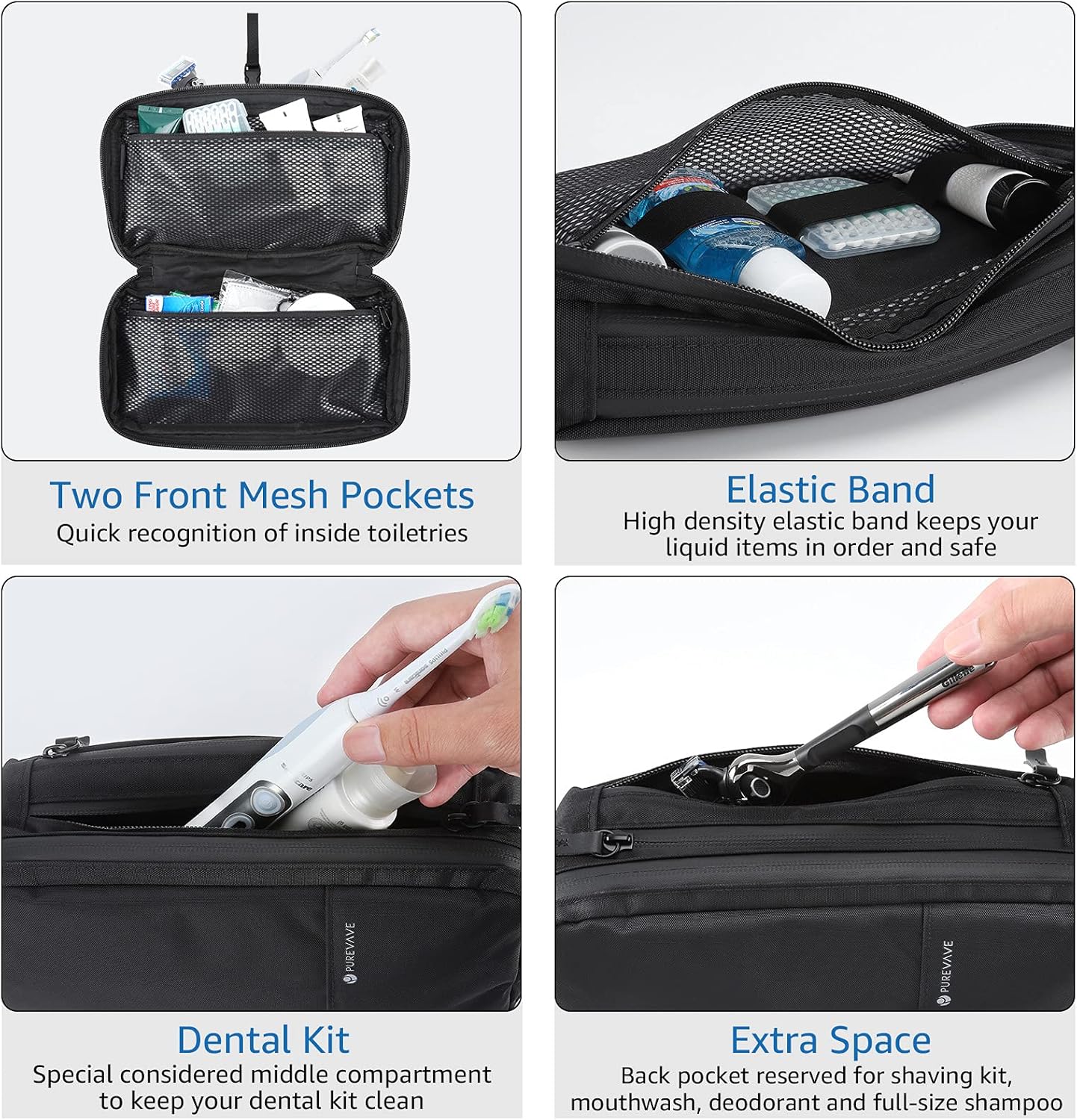 Purevave Compact Mens Toiletry Travel Bag, Mens Dopp Kit for Travel Waterproof, Wash Pouch Black