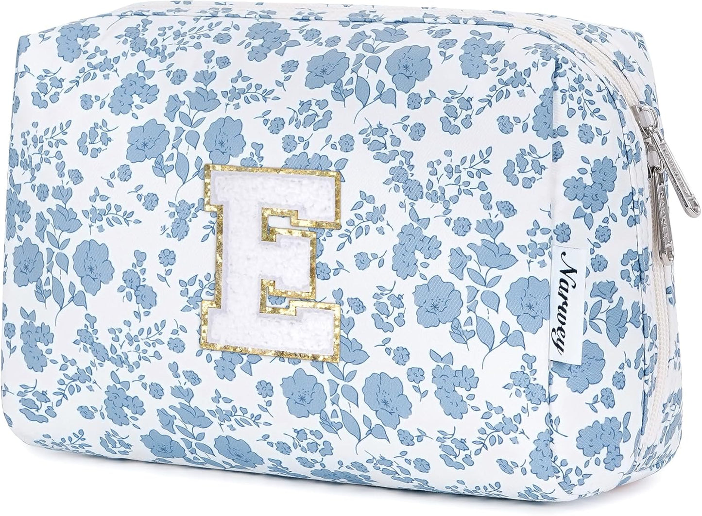 Narwey Birthday Gifts for Teen Girls Kids Women Personalized Initial Floral Makeup Bag Cute Cosmetic Trendy Stuff 6 8 10 11 12 13 14 16 18 Years Old Travel Toiletry Bag (Little Blue Flower E)