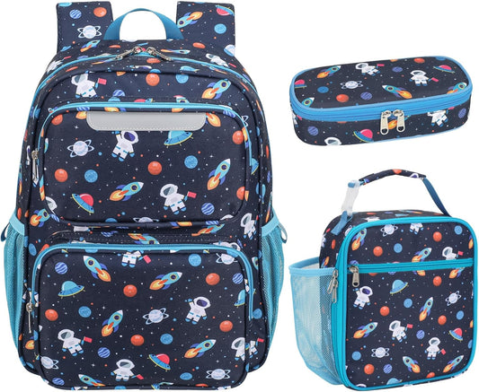 3pcs Kids Backpack Set - 15 Inch Backpack for Boys 3 to 8, Lightweight Bookbag with Lunch Box and Pencil Case for Preschool Kindergarten Elementary School, Navy Space