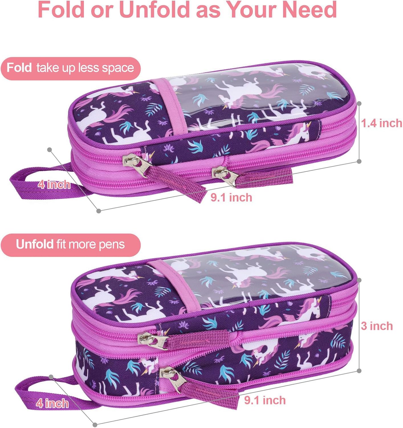 Bagseri 2pcs Clear Backpack for Girls - 15 Inch Backpack and Pencil Case Set, Heavy Duty Transparent Bookbag for School, See Through Bag for Kids Aged 3 to 8, Deep Purple Unicorn