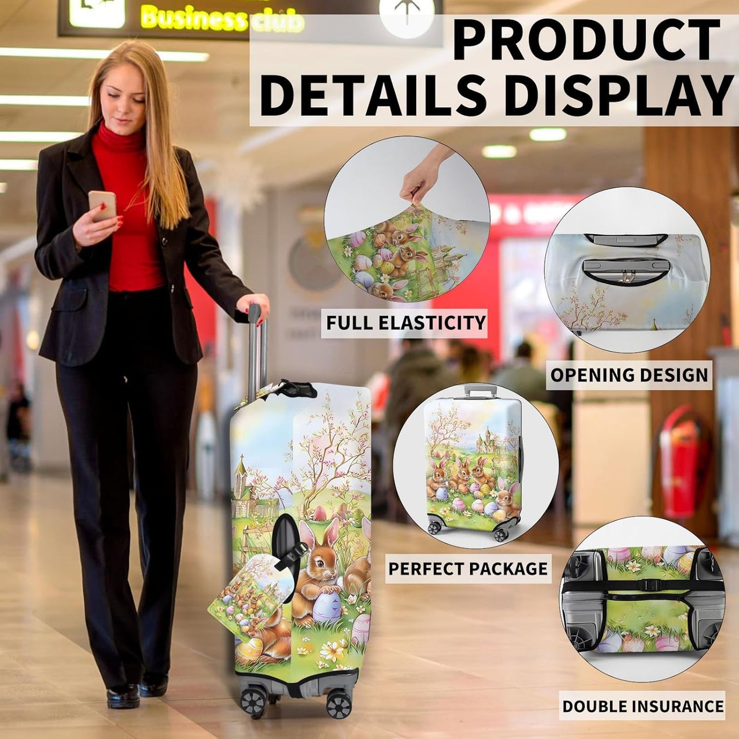 Travel Luggage Cover,Easter Rabbit Theme Suitcase Cover Accessory Kit, Luggage Tag, and Comfortable Luggage Handle Wrap, Washable Zipper Close Luggage Suitcase Protector (18-20 inch,S)