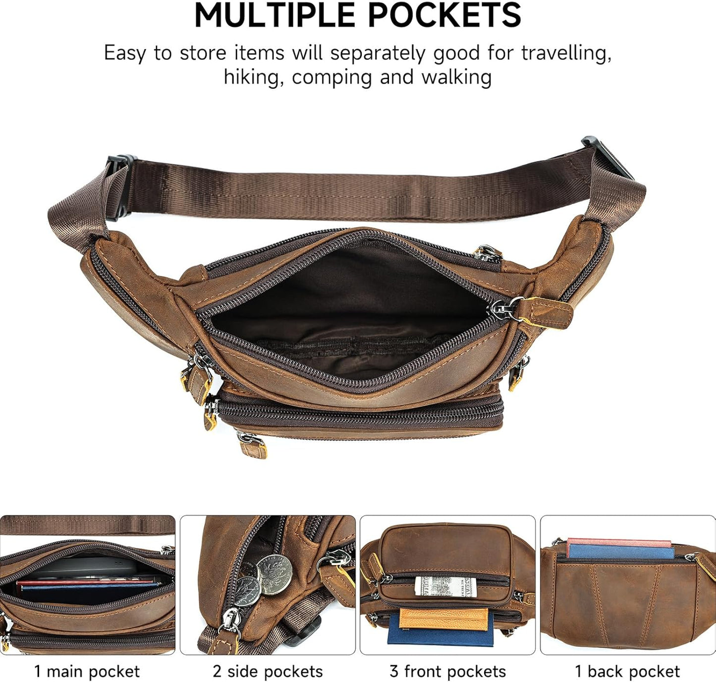 Genuine Leather Fanny Pack Men Women Multi-Pockets sling Waist Bag For Travel Sports Hiking Cycling Fishing Running Crazycoffee Small