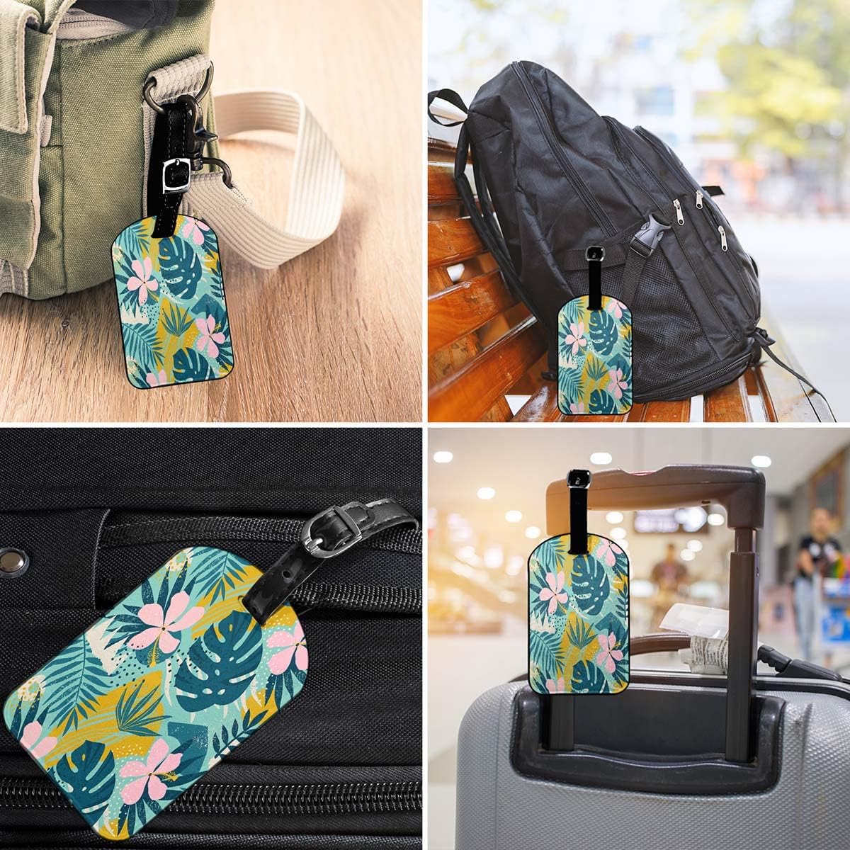 Tropical Flowers Suitcase ID Tag Identifiers Hawaii Palm Leaves Hibiscus Jungle Plants Leather Luggage Tags Travel Bag Tag Fully Bendable Baggage Labels, 1 Pack