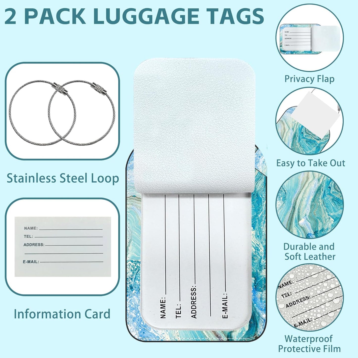 2 Pack Cute Luggage Tag for Suitcases Gold Foiled Marble Leather Luggage Tags with Stainless Steel Loop Privacy Flap Name Tags,Men and Women Travel Bag Suitcase Tags