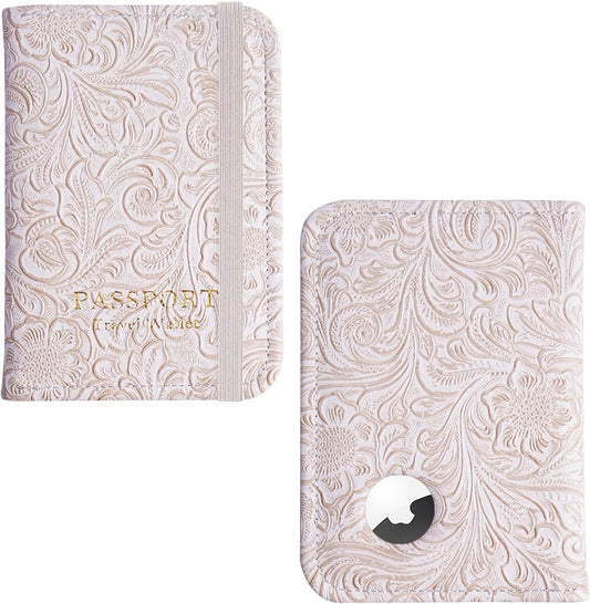 lizimandu Passport Holder with Airtag Slot, Airtag Passport Wallet for Men Women, Slim Leather Passport Holder Case Family for Travel Anti-Lost(1-Carved White)