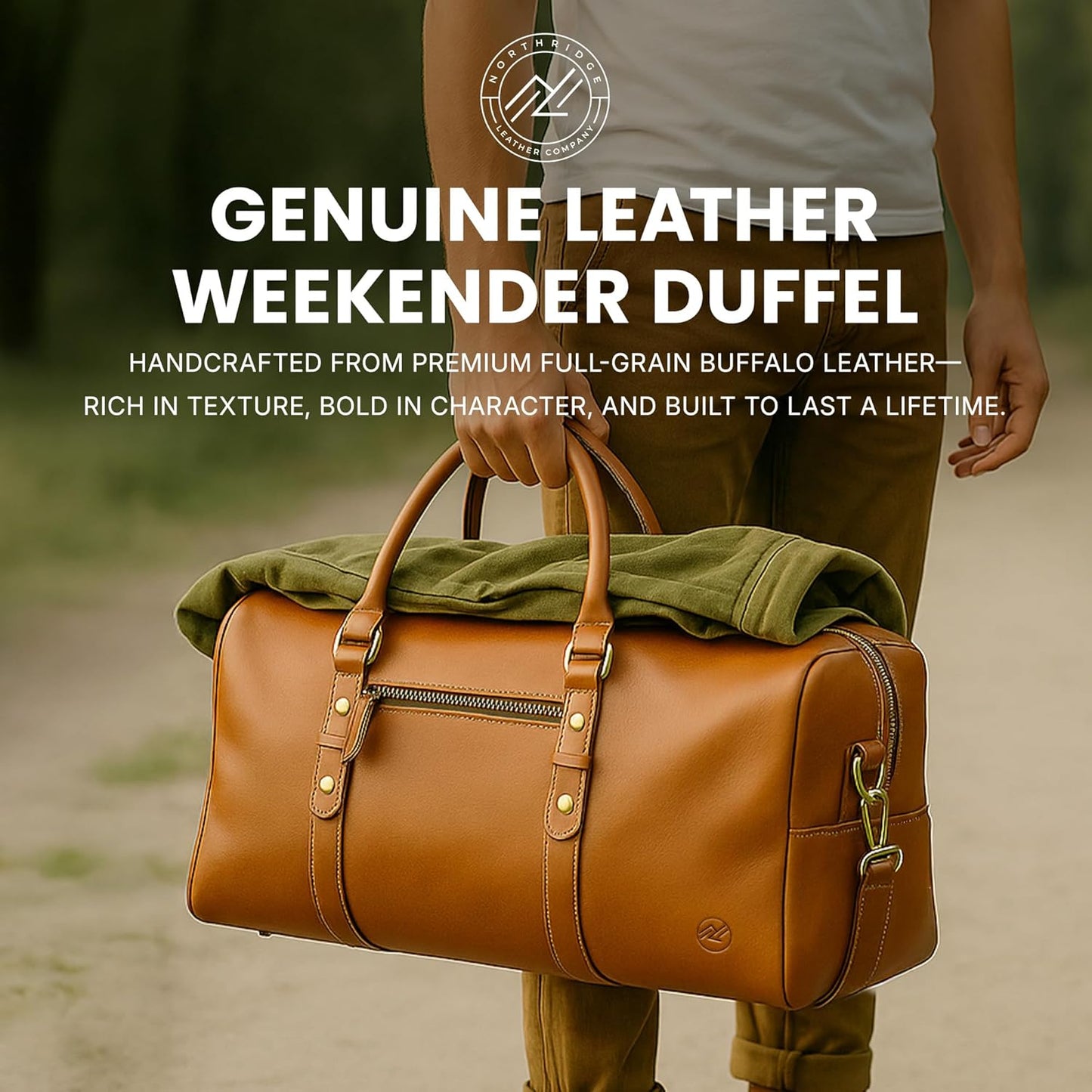 Premium Full-Grain Leather Duffle Bag for Men & Women | 24-Inch Handcrafted Weekender Travel Bag with Multiple Pockets & Compartments by Northridge Leather (Tan)