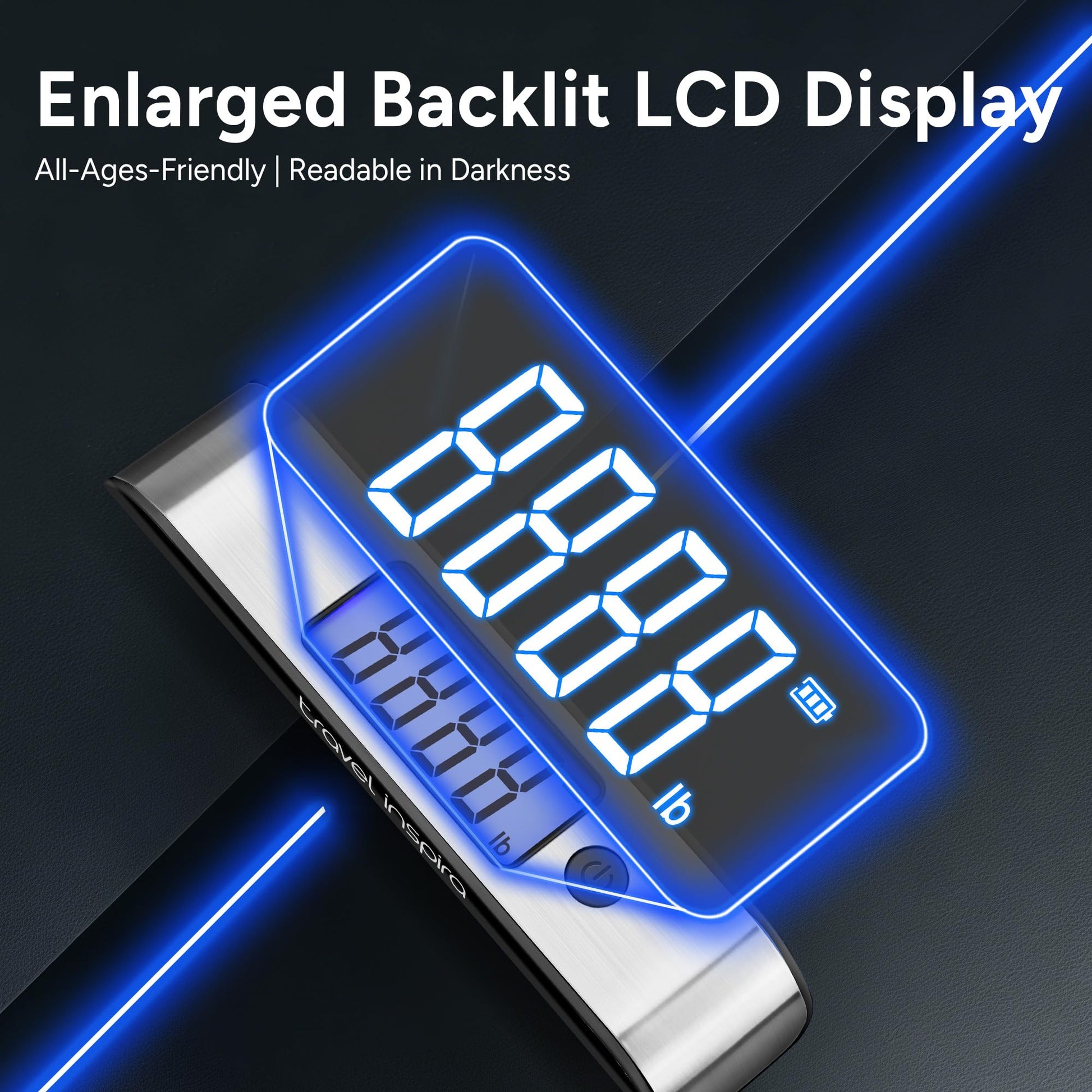 travel inspira Rechargeable Luggage Scale 110lb/50kg - Large Backlit Display - Stainless Steel