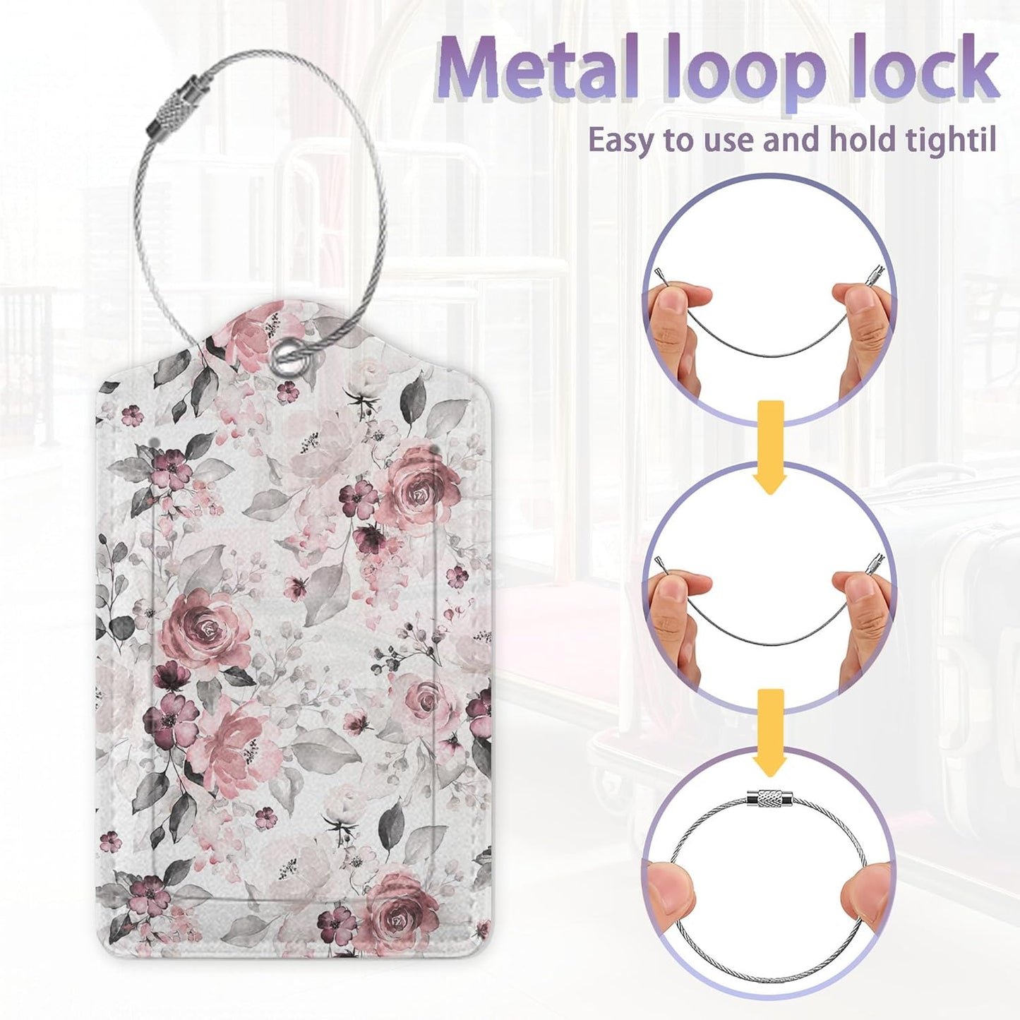 Chic Flower Luggage Tag for Suitcase Pink Rose Luggage Tag with Privacy Flap & Name ID Label & Metal Loop,Travel Suitcase Tags for Women