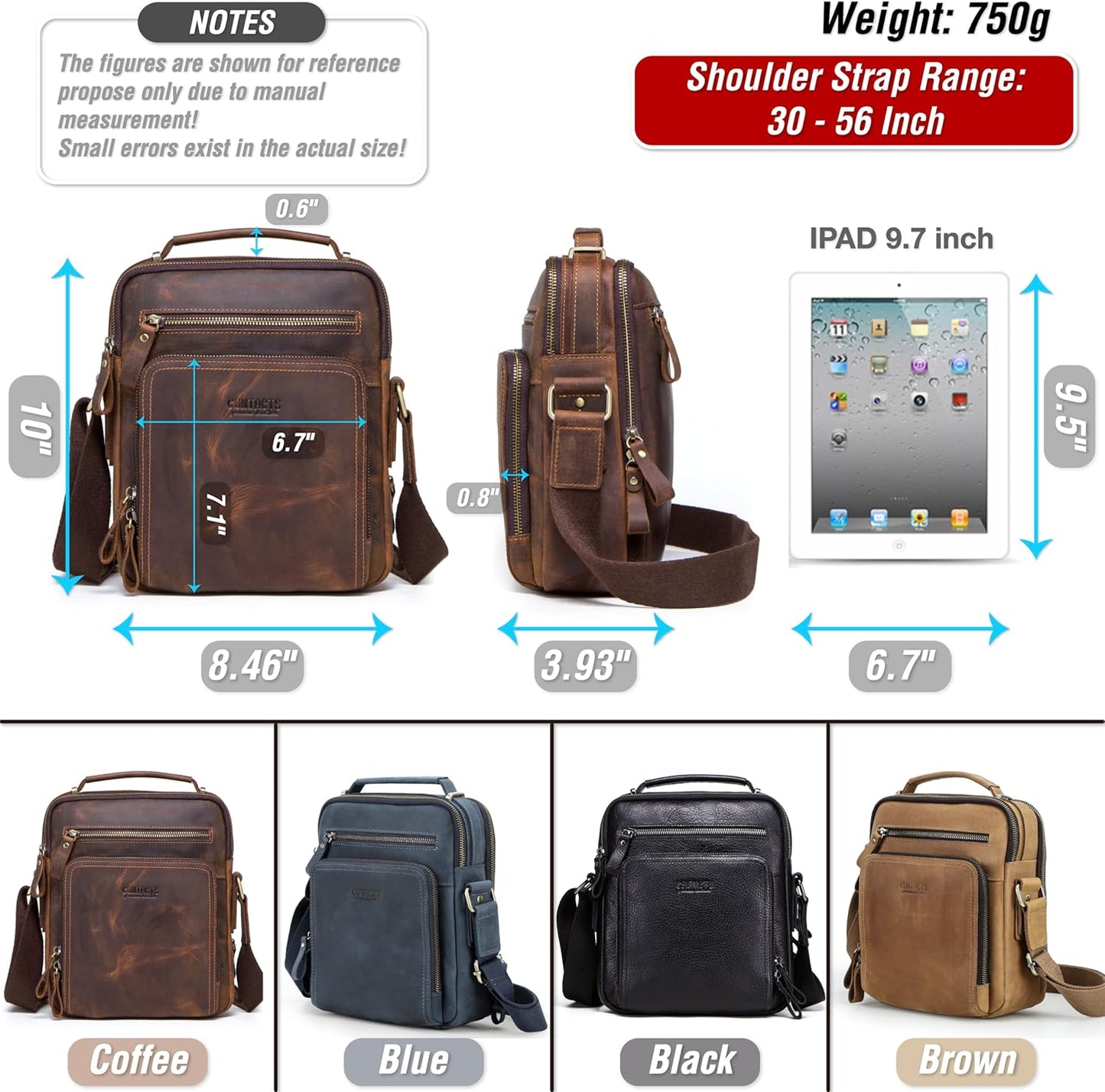 Top Grain Leather 11" Messenger Bag for Man & Woman, Multi Pockets, Fits to 8.3"/10.9" iPad for Daily/School/Business/Travel