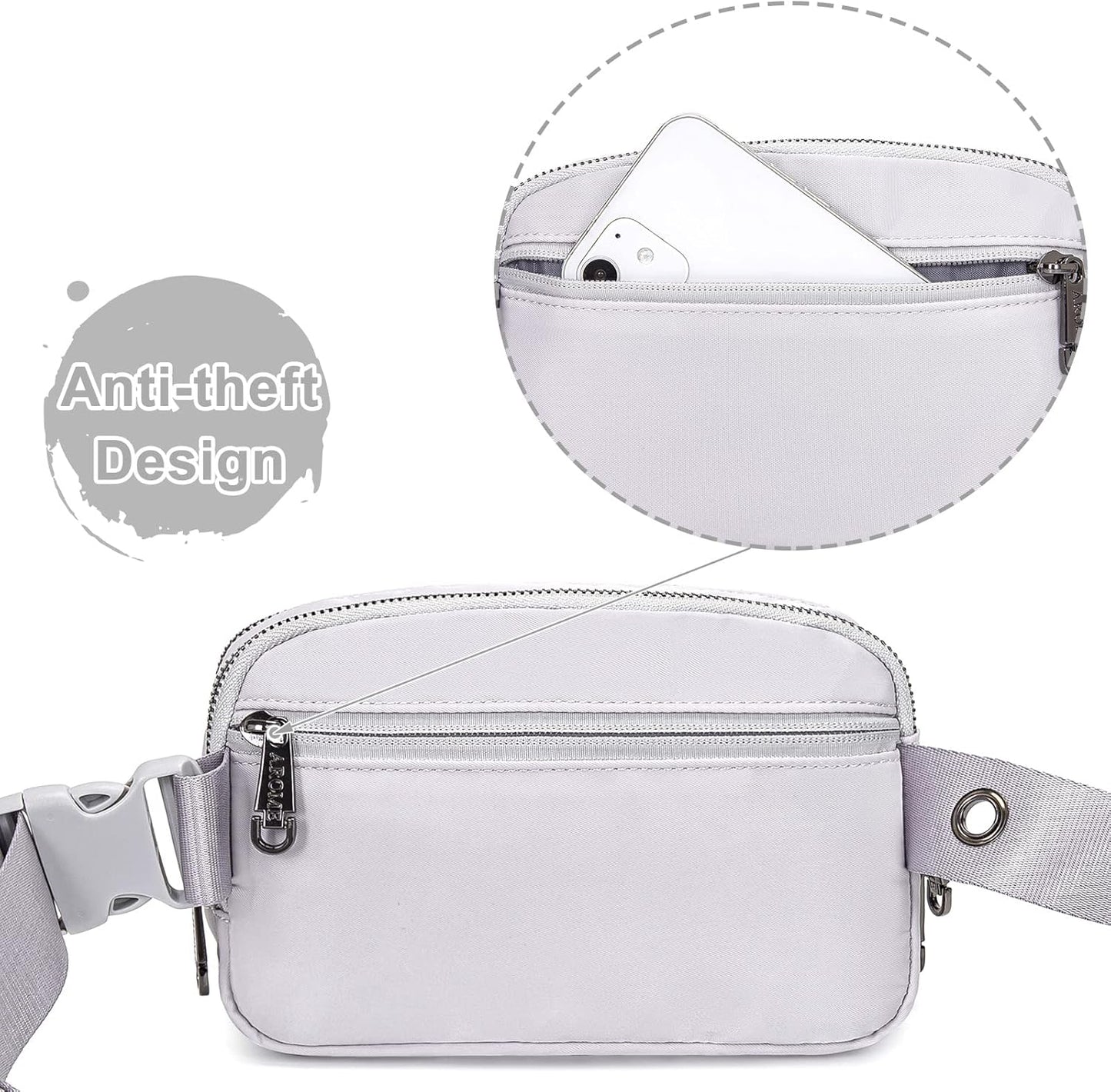 AROME Mini Belt Bag for Women, Fashion Waist Packs Fanny Pack Crossbody Bags with Strap Extender for Women Men, Waterproof Waist Bag Hip Bum Bag for Casual Travel Running Hiking Outdoor Sports Grey