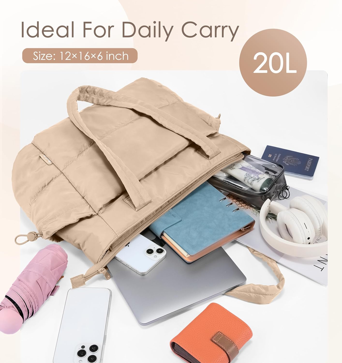 Tote Bag for Women Puffy Work Bags for Women with Zipper Lightweight Quilted Puffer Tote Bag for Travel, Teacher, Nurse