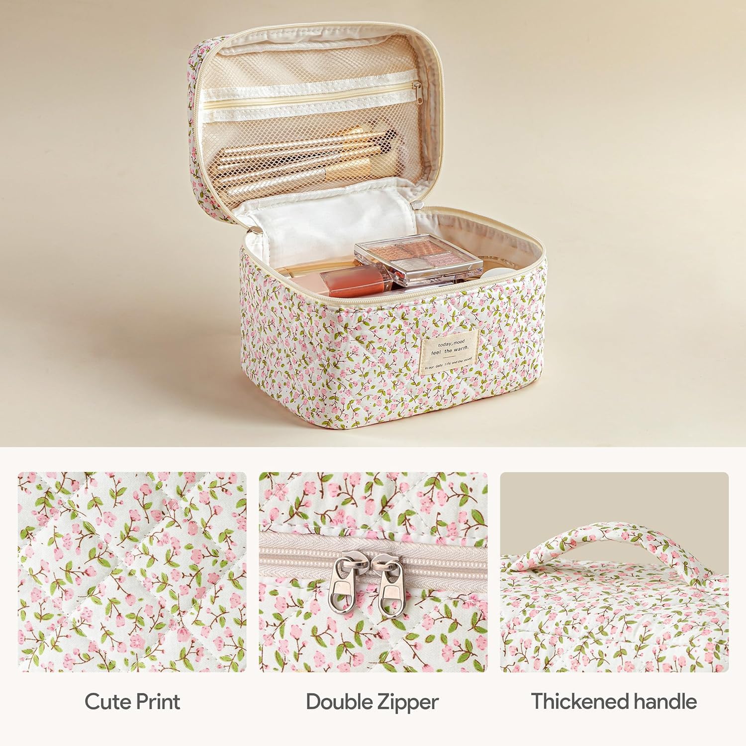 HBselect Quilted Makeup Bag, 3PCS Cotton Large Travel Makeup Bag, Cute Floral Coquette Make up Bag