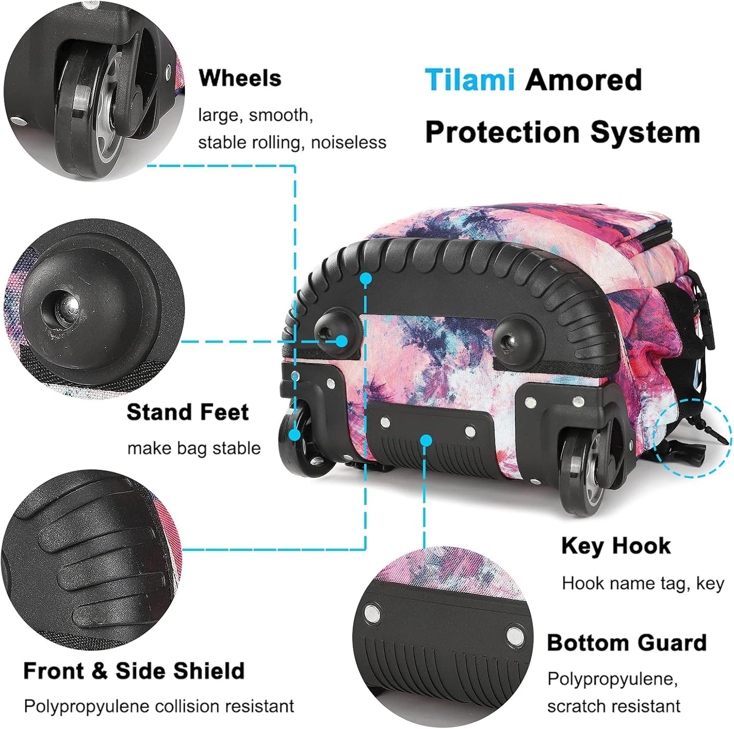 Tilami Rolling Backpack 19 inch Wheeled Cute LAPTOP Boys Girls Travel School Student Trip (Pink)