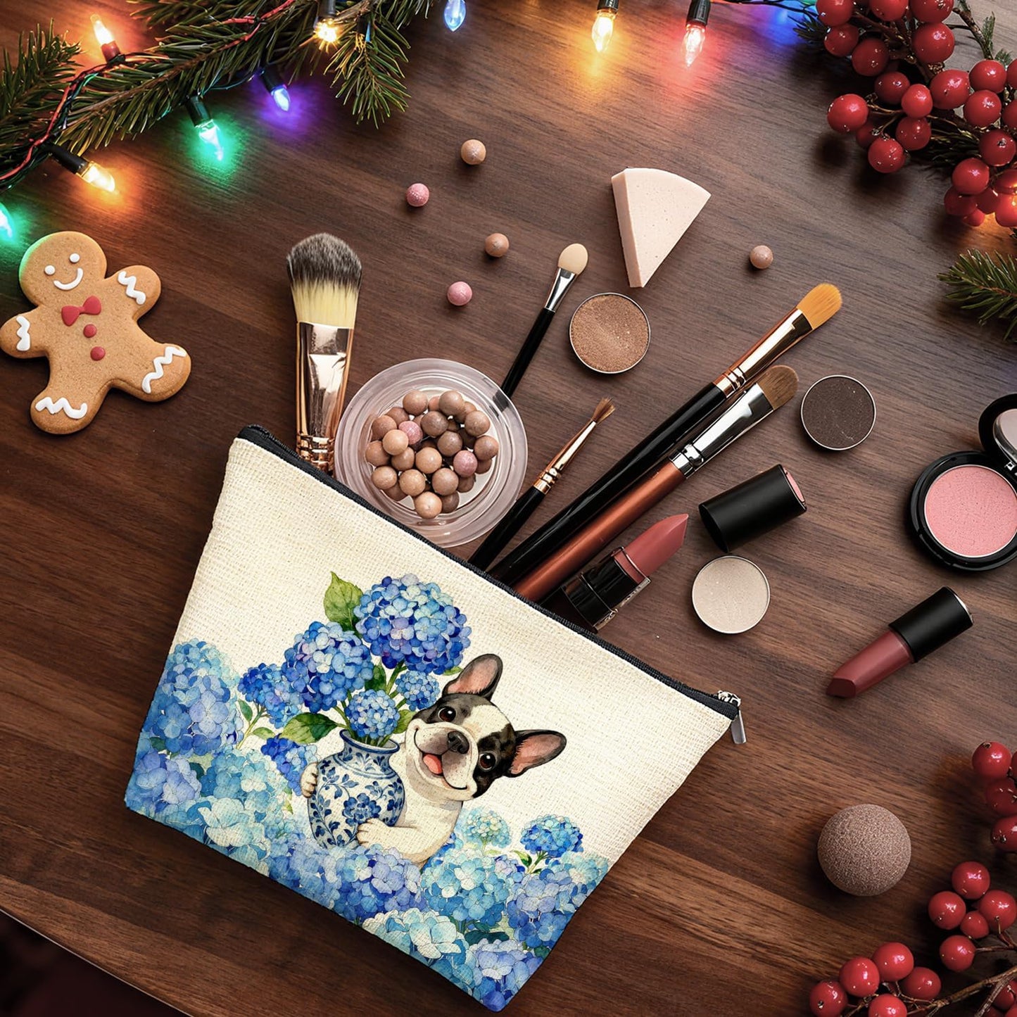 Chinoiserie Hydrangea French Bulldog Makeup Bag Gifts for Women, French Bulldog Lover Gifts Cosmetic Bag, Grandmillennial Floral Frenchie Dog Zipper Makeup Pouch Travel Toiletry Bag