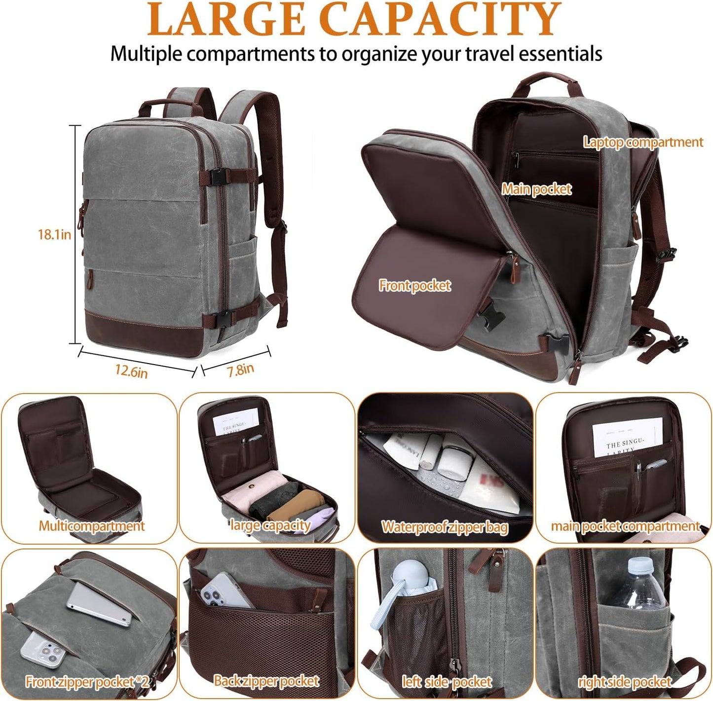 Travel Backpack for Men Carry On Backpack Flight Approved Personal Item Backpack, 18.4 inch Laptop Backpack Casual Daypack Weekender Business Hiking Backpack, Gray