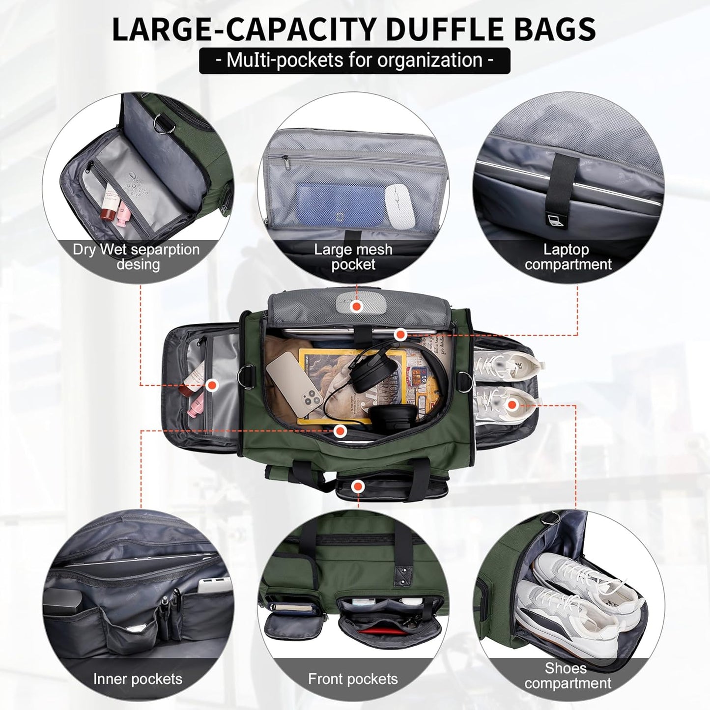 WITZMAN Travel Duffel Bags for Men Large Carry On Weekender Overnight Bag 3 in 1 Backpack with Shoe