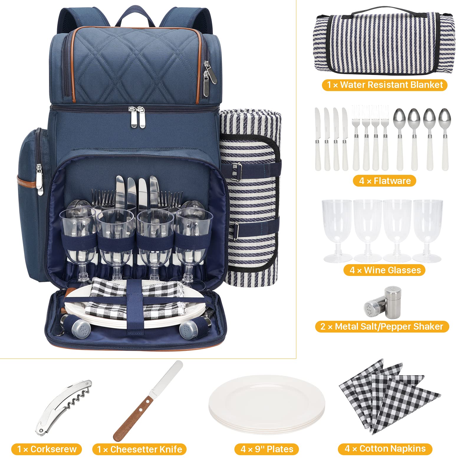 Picnic Backpack for 4, Insulated Cooler Bag with Blanket, Navy Blue