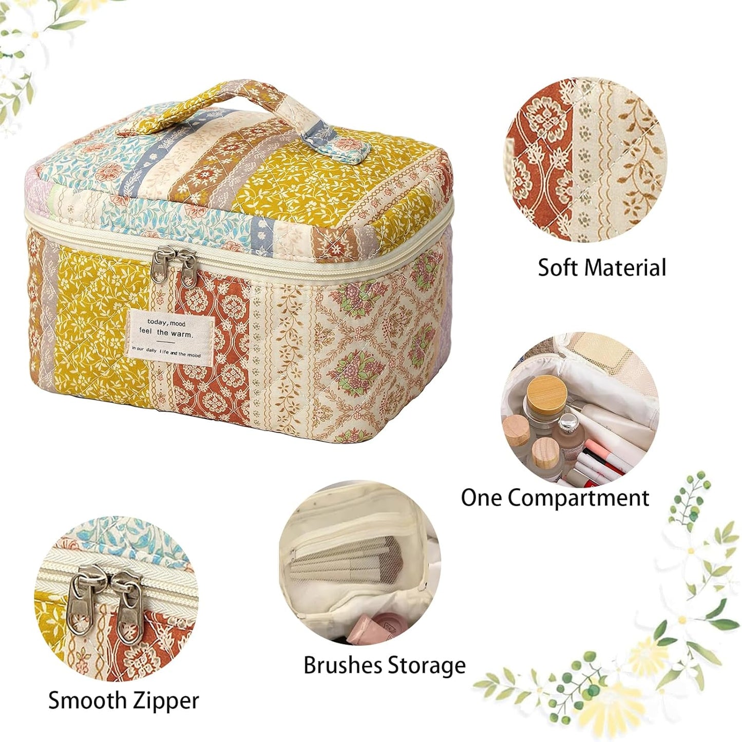 Quilted Makeup Bag, Large Makeup Bag, Cute Cosmetic Bag for Women Girls, Floral Coquette Aesthetic Patchwork Travel Toiletry Make Up Organizer Bag