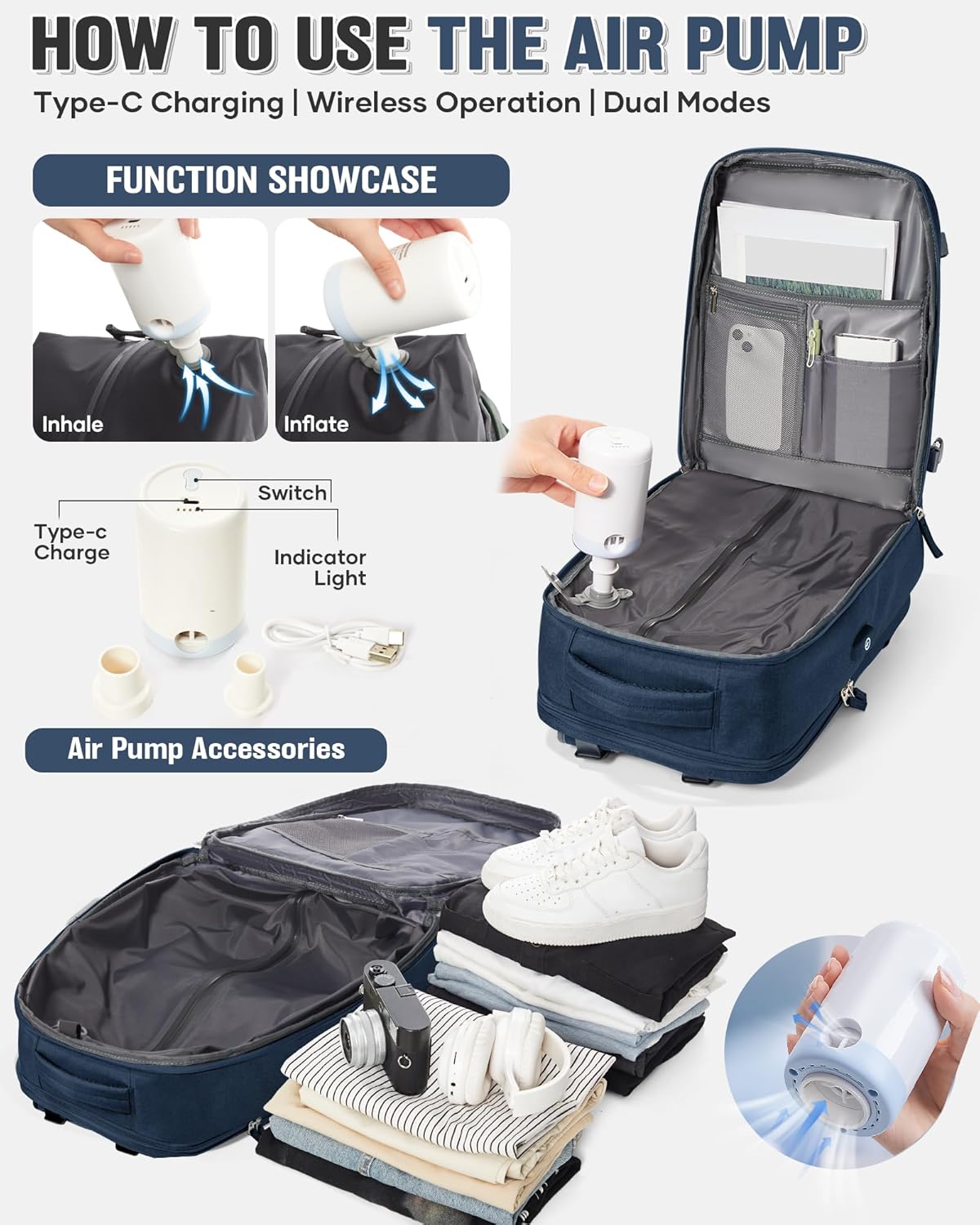 Vacuum Backpack Travel with Pump,Travel Backpack with Vacuum System, Shoe Compartment,Flight Approved 18x14x8 inches,Carry on Personal item Laptop Work Backpacks,Sapphire Blue