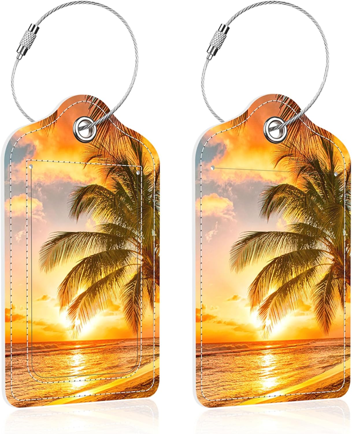 Luggage Tags for Suitcase,2 Pack Sunset Beach Luggage Tag,PU Leather Id Label Luggage Tags with Stainless Steel Loop and Privacy Cover for Women Men Teens Travel