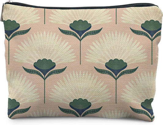 Vintage Boho Floral Pink Makeup Bag, Art Deco Floral Botanical Cosmetic Bags for Women, Boho Gifts for Women, Retro Mid Century Modern Art Zipper Makeup Pouch