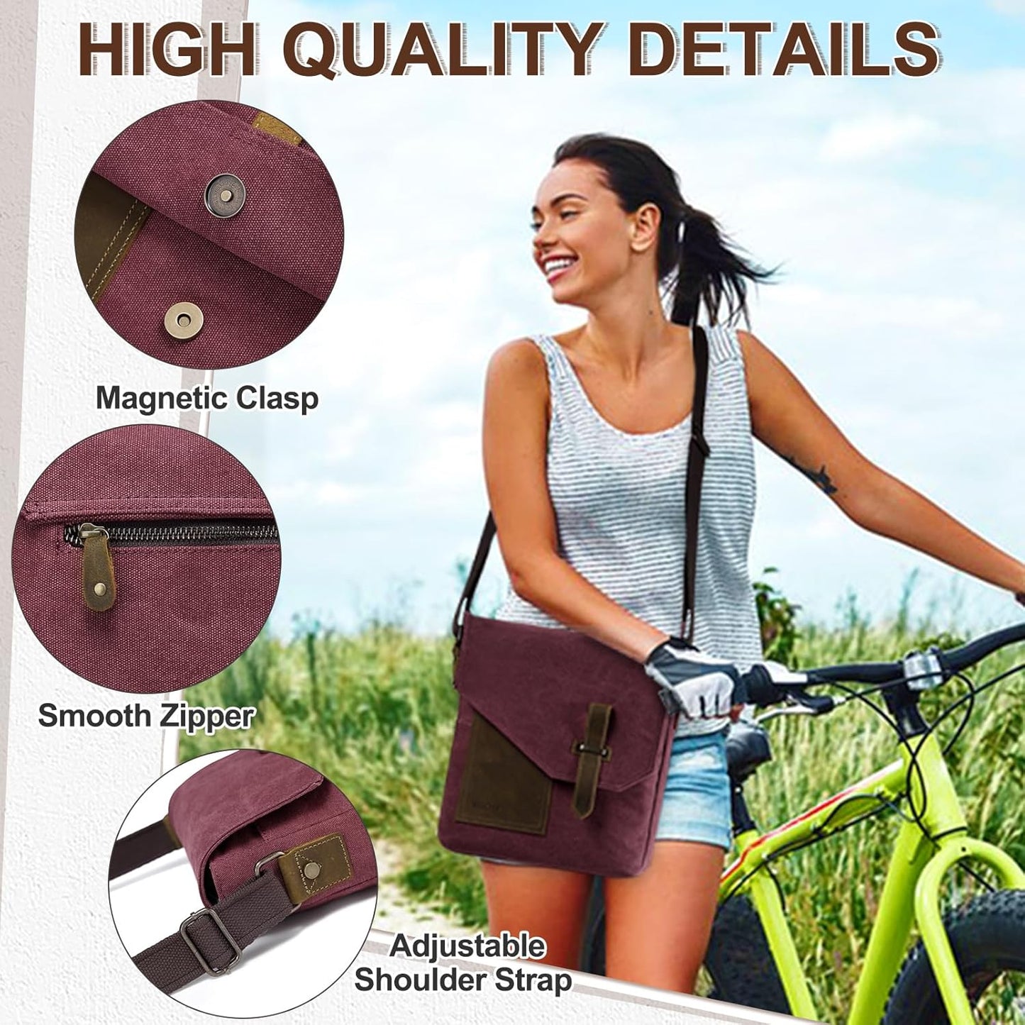 VASCHY Small Messenger Bag, Vintage Canvas Leather Lightweight Crossbody Bag
