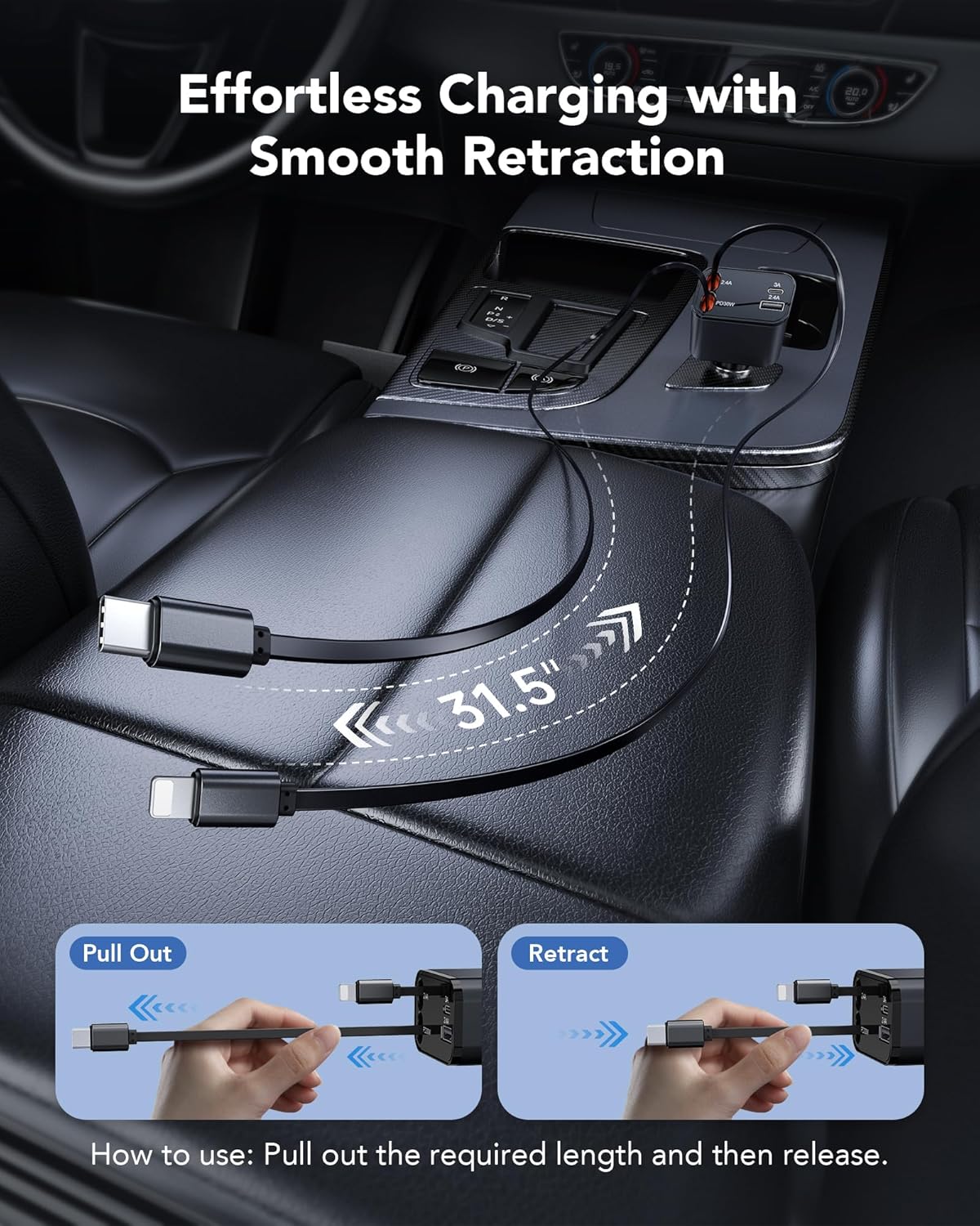 69W Retractable Car Charger, 4-in-1 Fast Car Phone Charger with 2.6ft Two Retractable Cables and USB C+USB A Car Charging Block Cube, Compatible with iPhone 15 16 17 Pro Max Plus,Galaxy,Pixel(Black)