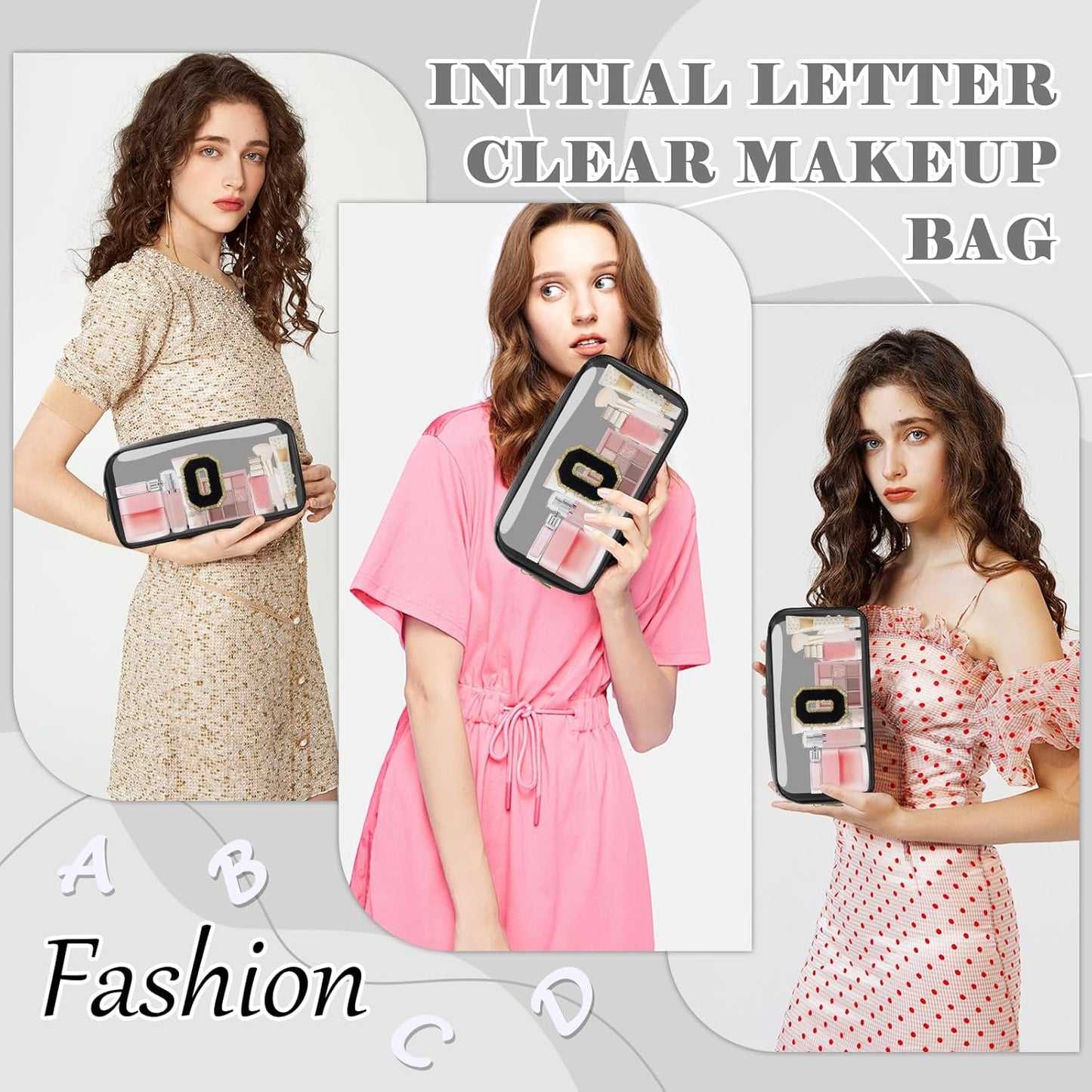 Personalized Initial Letter Clear Makeup Bag,Preppy Small Nylon&PVC Cosmetic Zipper Bag with