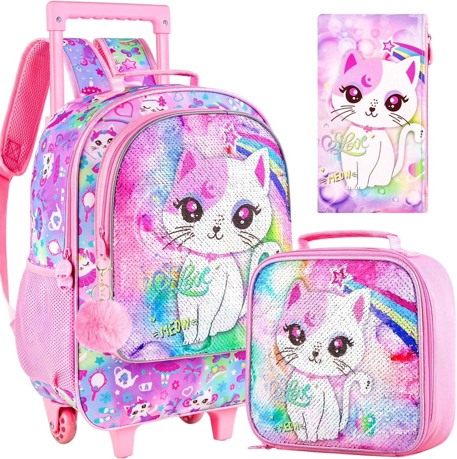 3PCS Rolling Backpack for Girls and Boys， Kids Unicorn Dinosaur Wheeled Bookbag