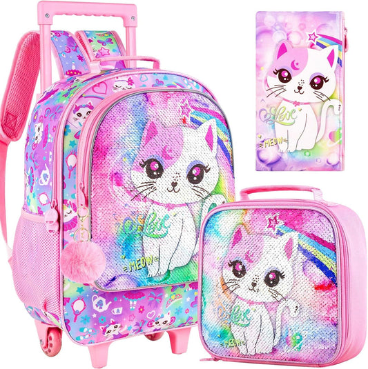 3PCS Rolling Backpack for Girls and Boys， Kids Unicorn Dinosaur Wheeled Bookbag