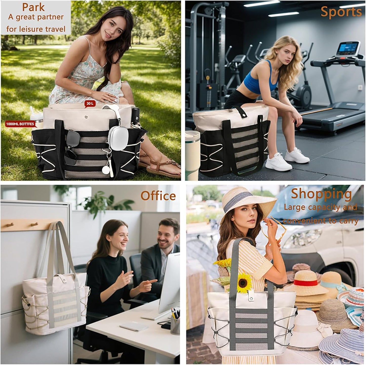 Travel Tote Bags for Women - Foldable Beach Bag Waterproof Zipper Gym Sports Shopping Bag with Trolley Sleeve