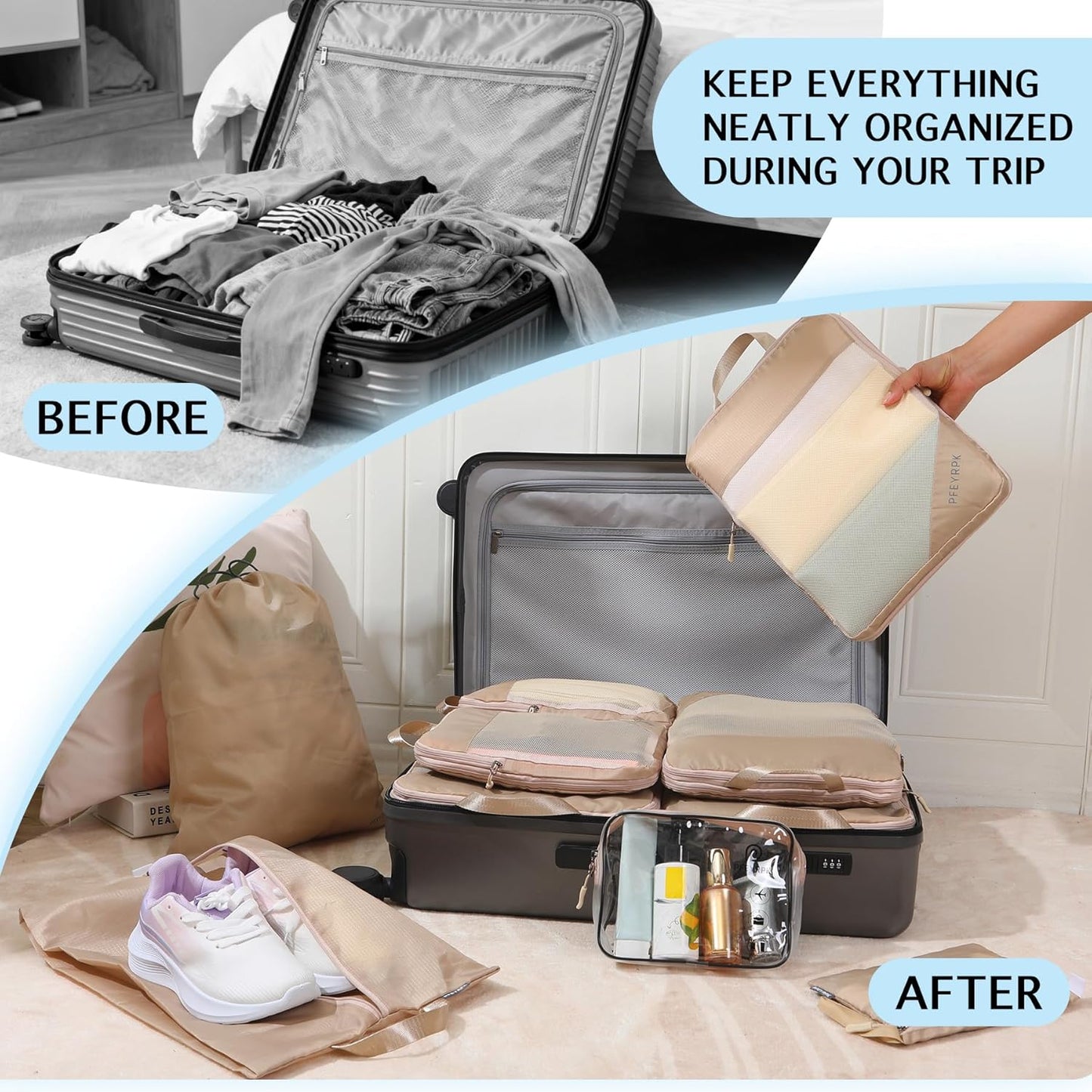 Lightweight Compression Packing Cubes for Suitcases, Compressible Expandable Travel Packing Organizer with Clear Toiletries and Backpack Bag, Travel Essentials for Carry on Luggage 7 Set