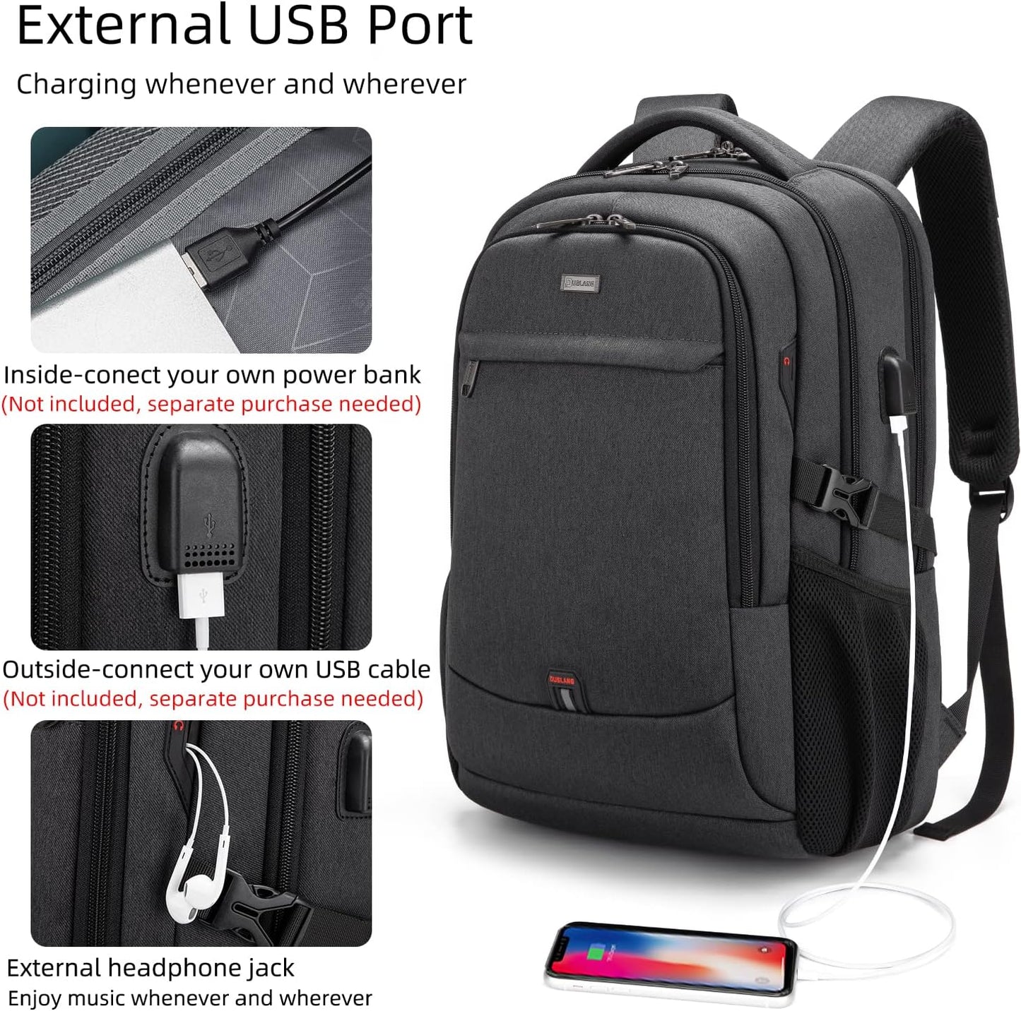 DUSLANG 17 Inch Laptop Backpack for Travel Water Resistant College Bookbag for Men/Women Laptop Bag with USB Charging Port and Tablet Sleeve Bag Compatible Protective Case, Black