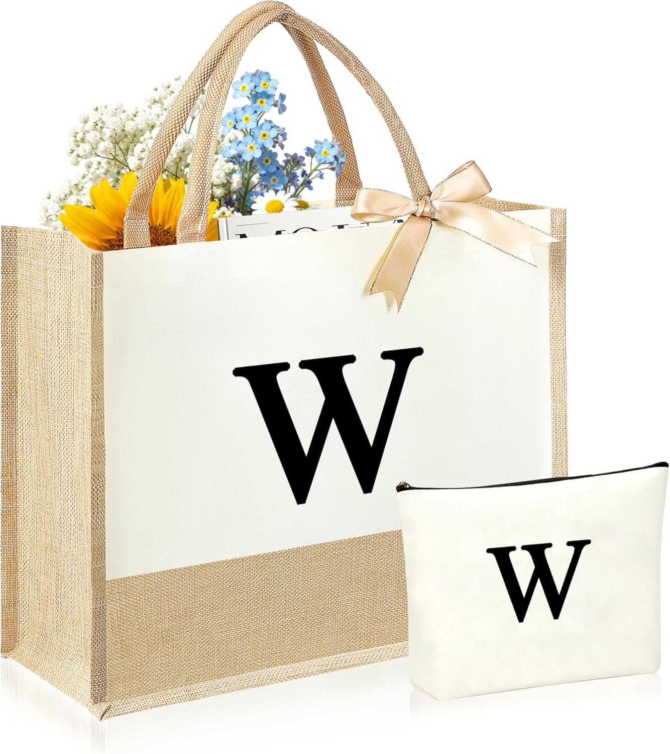 Initial Canvas Tote Bag & Makeup Bag for Women Teacher Bridesmaids，Personalized Present for Wedding, Birthday, Beach