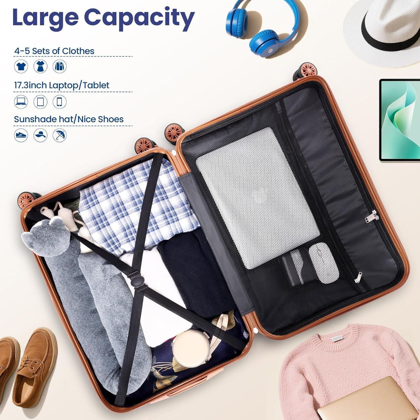 Hoteel 4 Piece Luggage Set (4-YEAR WARRANTY) Carry on ABS+PC Hard Shell Suitcase with Spinner Wheels & TSA Lock (Dark Blue)