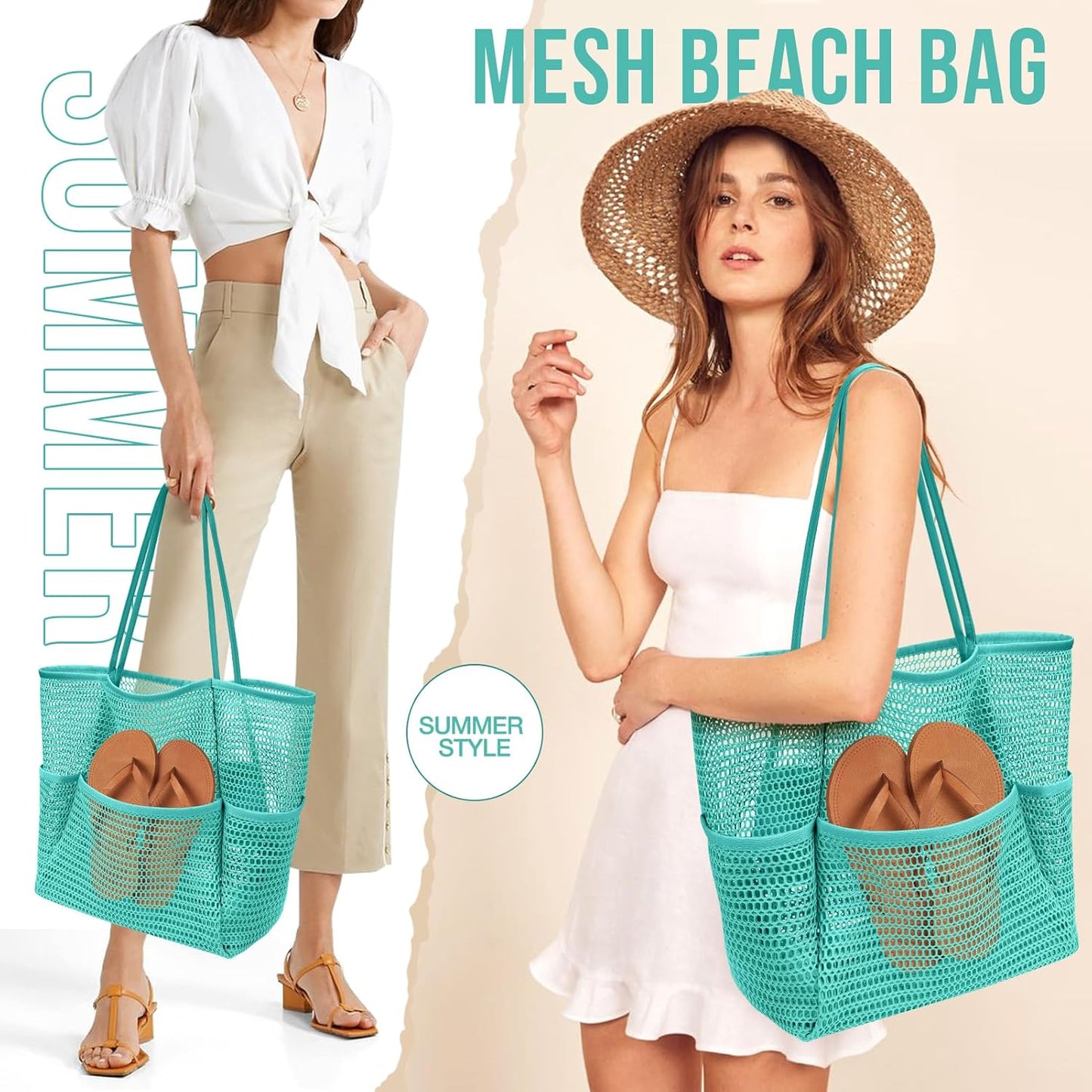 KPX Beach Bag with Mini Pocket, Beach Tote Bags for Women Large Foldable Mesh Swimming Pool Travel Bags - Sandproof