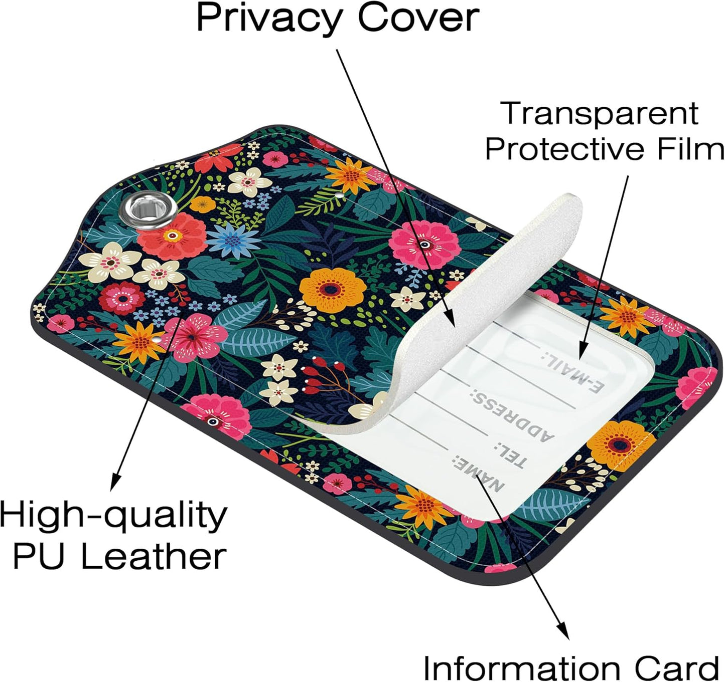 2 Pack Luggage Tags,Colorful Flowers PU Leather Idea Baggage Tag with ID Labels Privacy Cover Metal Ring Men and Women Travel Bag Labels