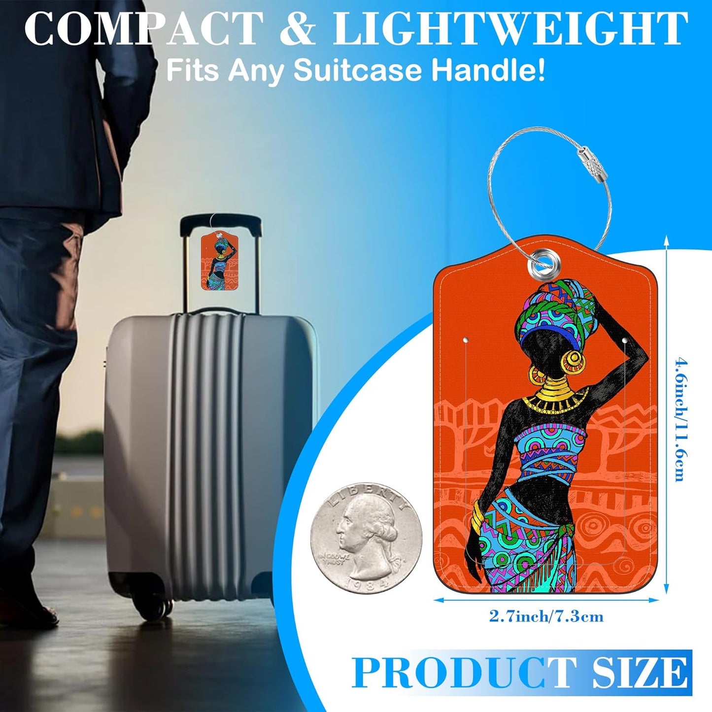 2 Pcs Luggage Tags for Suitcases, Beautiful African Woman Leather Bag Tags for Luggage Privacy Cover Name ID Label with Stainless Steel Loop Cruise Airport Travel Essentials