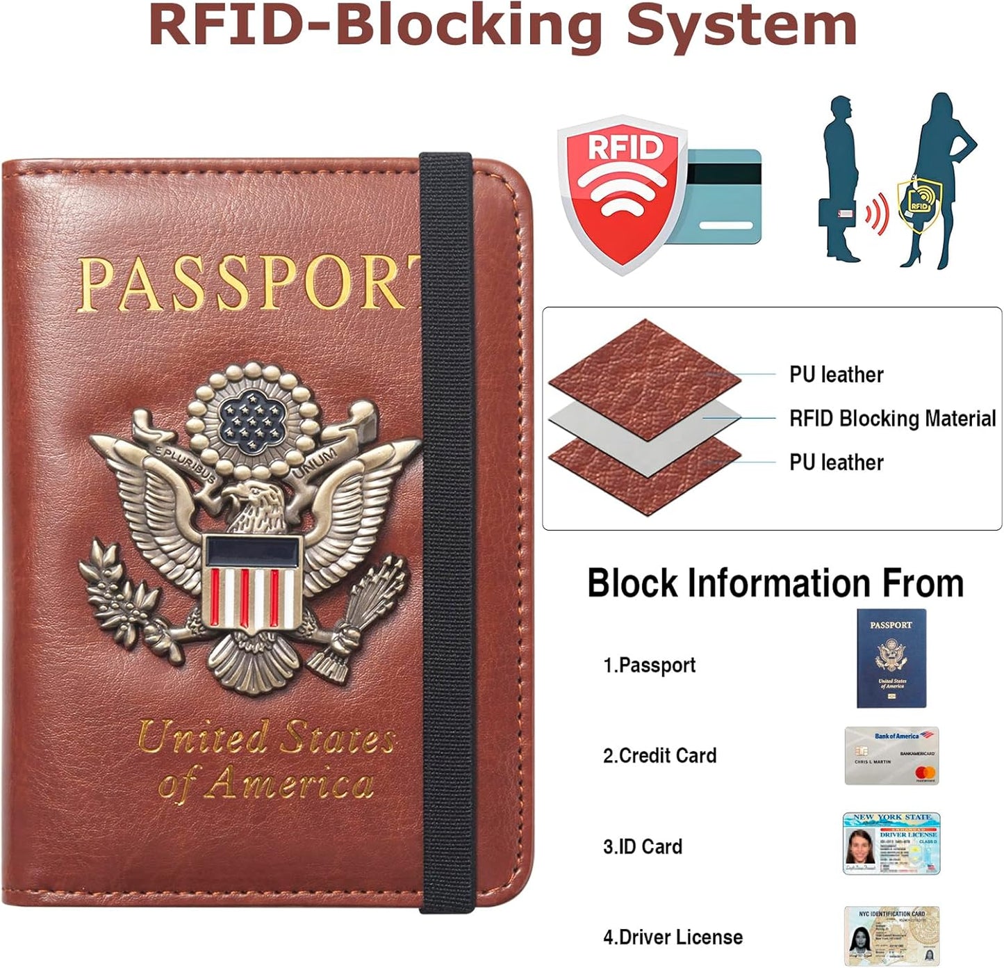 Passport Holder for Travel Men Women, RFID Blocking Passport Cover Leather Passport Wallet With 3D Metal Badge Waterproof Passport Case Travel Wallets Accessories Document Organizer (Brown)