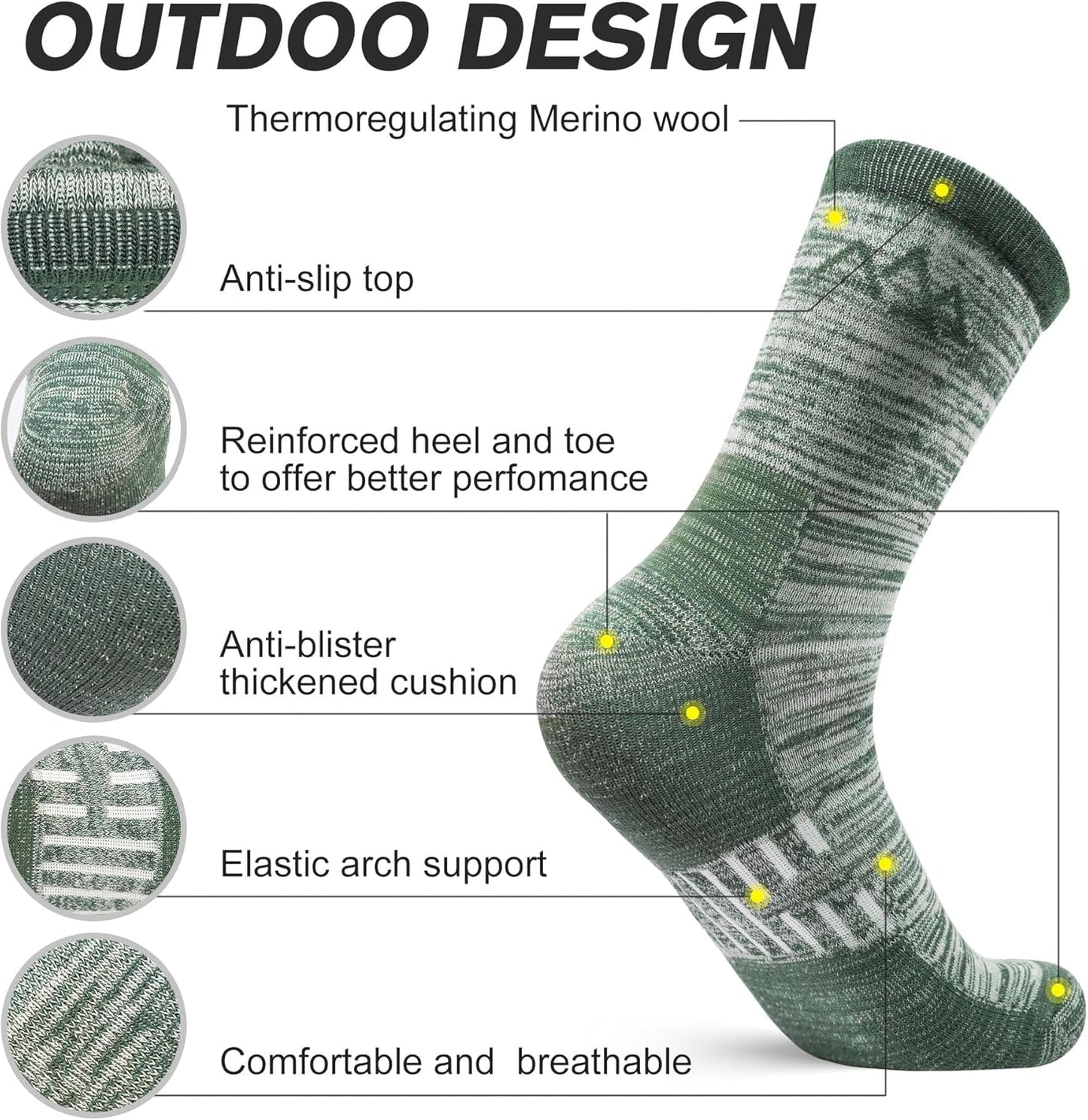 innotree 3 Pack Men's Merino Wool Hiking Socks, Micro Crew Cushioned Hiking Walking Thermal