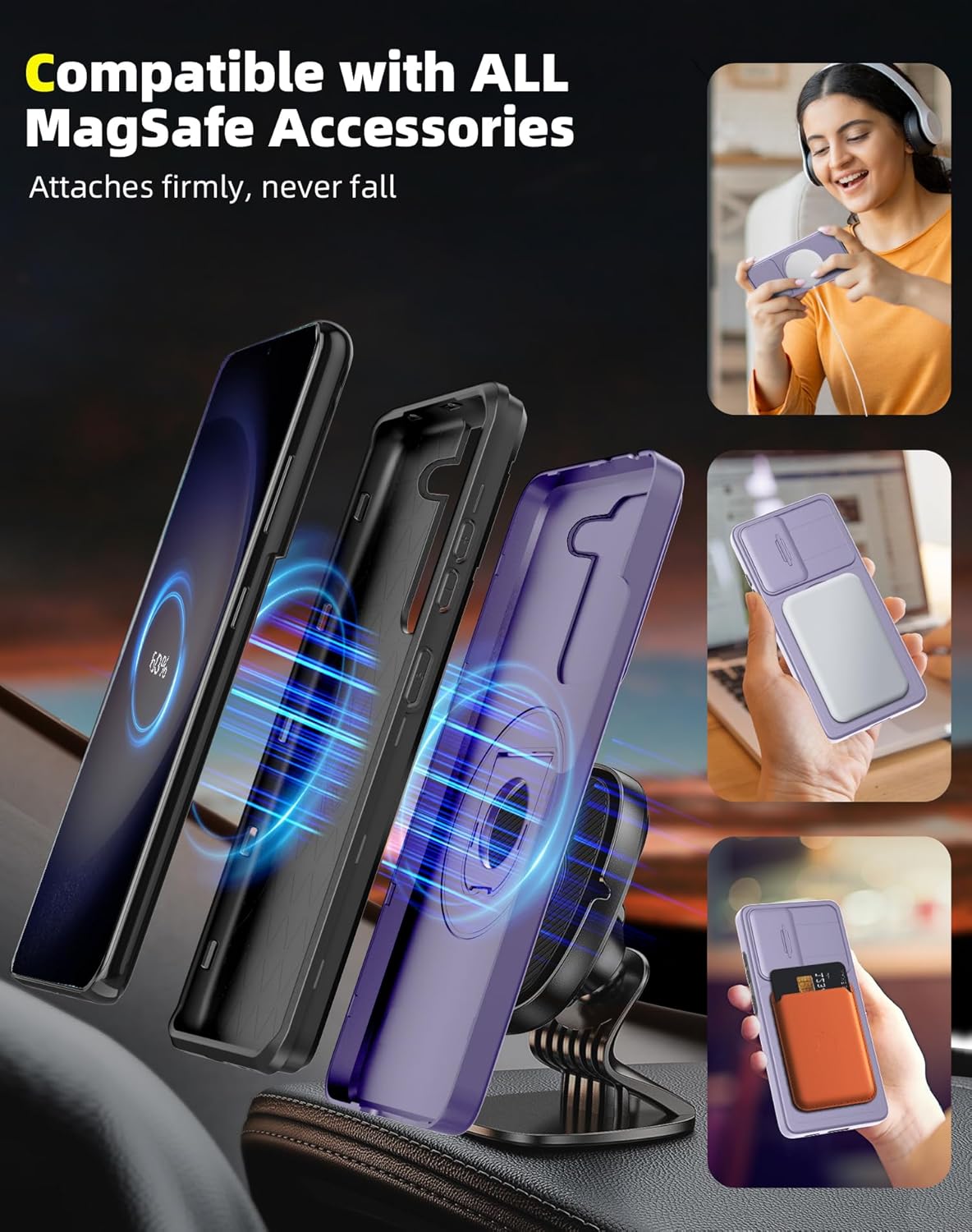 for Samsung Galaxy S23 Case Magnetic Compatible with MagSafe Wireless Charging,with Screen Protector,Built-in Kickstand Ring+Camera Cover Anti-Scratch Shockproof Heavy Duty Protection Purple