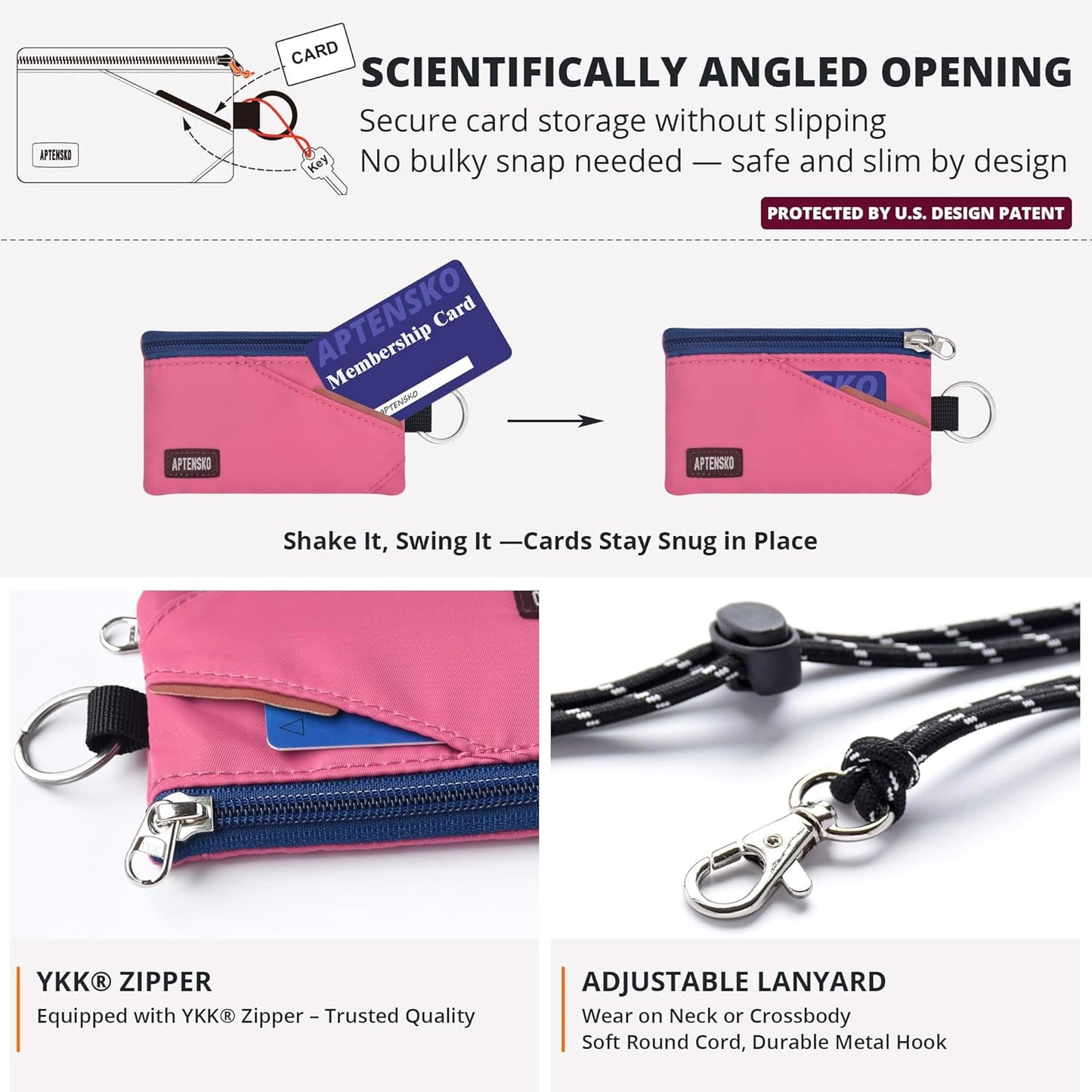 RFID Travel Wallet with Adjustable Lanyard-Zipper Small Wallet with ID Card Holder, Keychain for women&men-Minimalist Slim Waterproof Nylon case for ID, Cash, Key (Rose Pink)