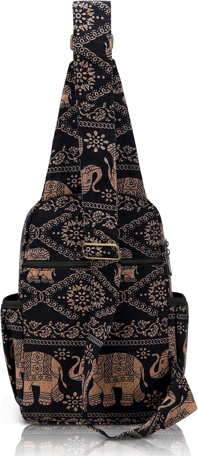 Coton Pose Women sling bag Elephant canvas large boho backpacks bohemian Crossbody bag (Black)