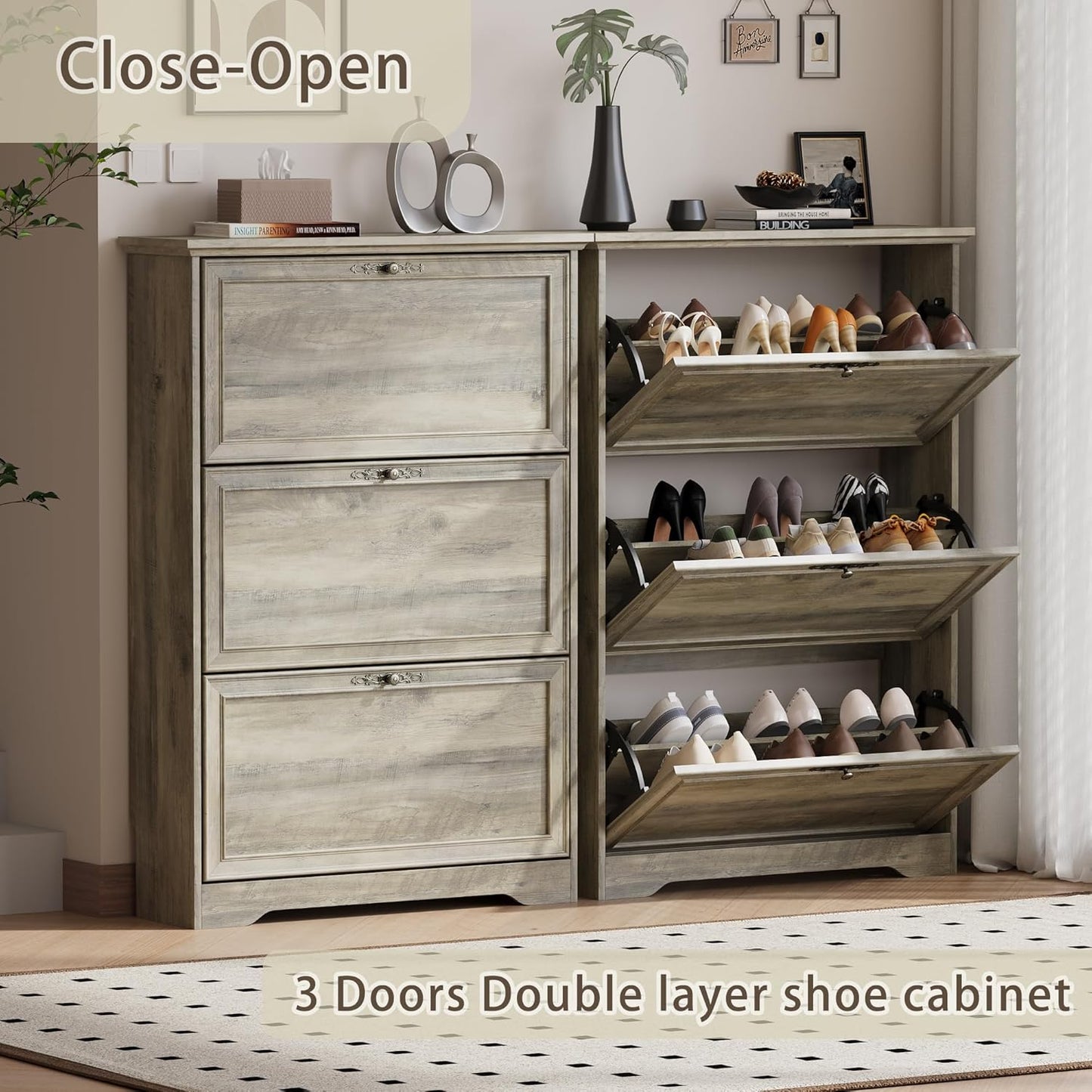 3 Flips Shoe Cabinet for Entryway, Narrow Shoe Storage Cabinet with Adjustable Shelves, Wooden Space-Saving Organizer and Rack for Foyer, Closet, Hallway