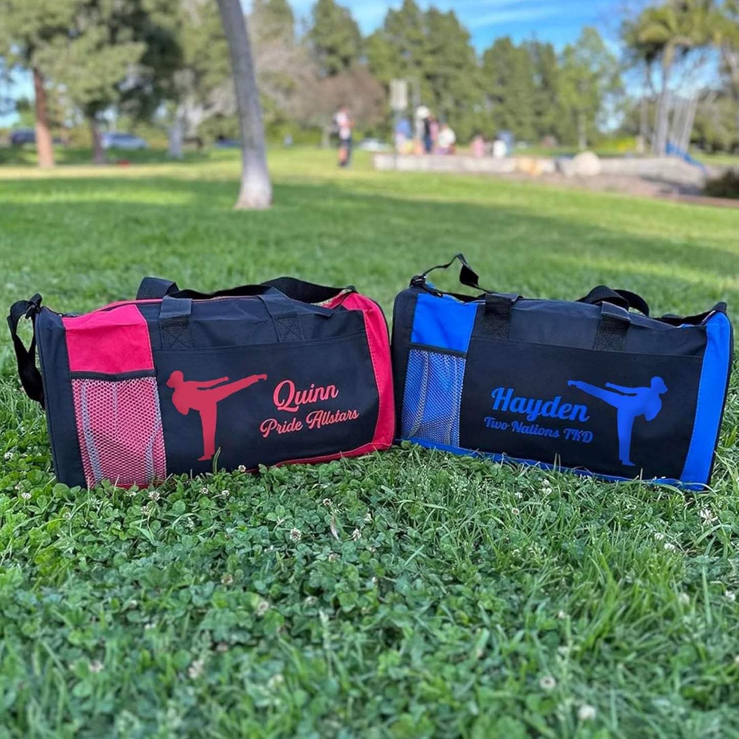 KishKesh Personalized Kids Sports Duffel Bag – Ideal for Martial Arts, Gym, Travel, Training & Workout for Female – Durable, Costumizable Name & Text – Red, 18" x 10" x 8"