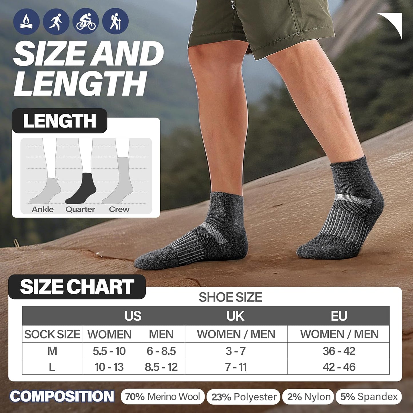 6 Pairs Merino Wool Ankle Running Hiking Socks Compression Support Breathable Thick Cushion No Show Socks for Women Men