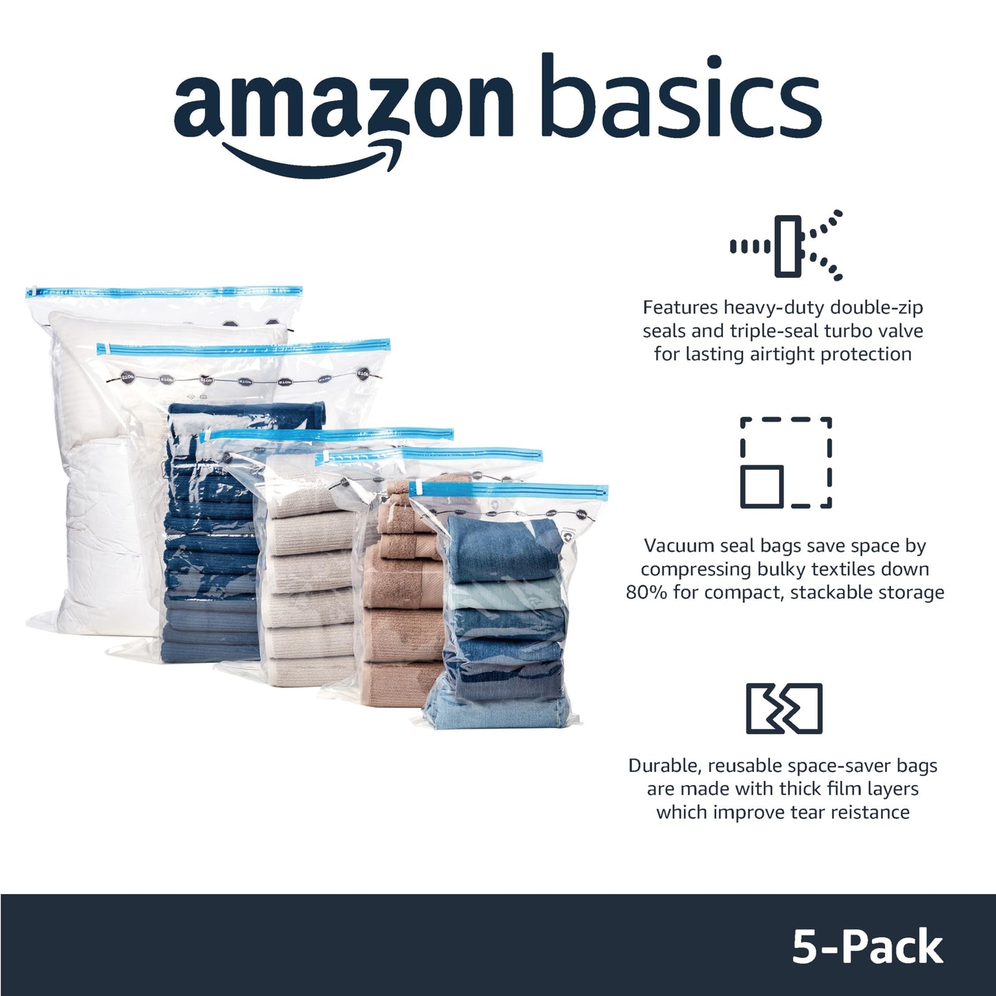 Amazon Basics Vacuum Storage Bags, Compression Space Saving for Clothes and Linens, Reusable with